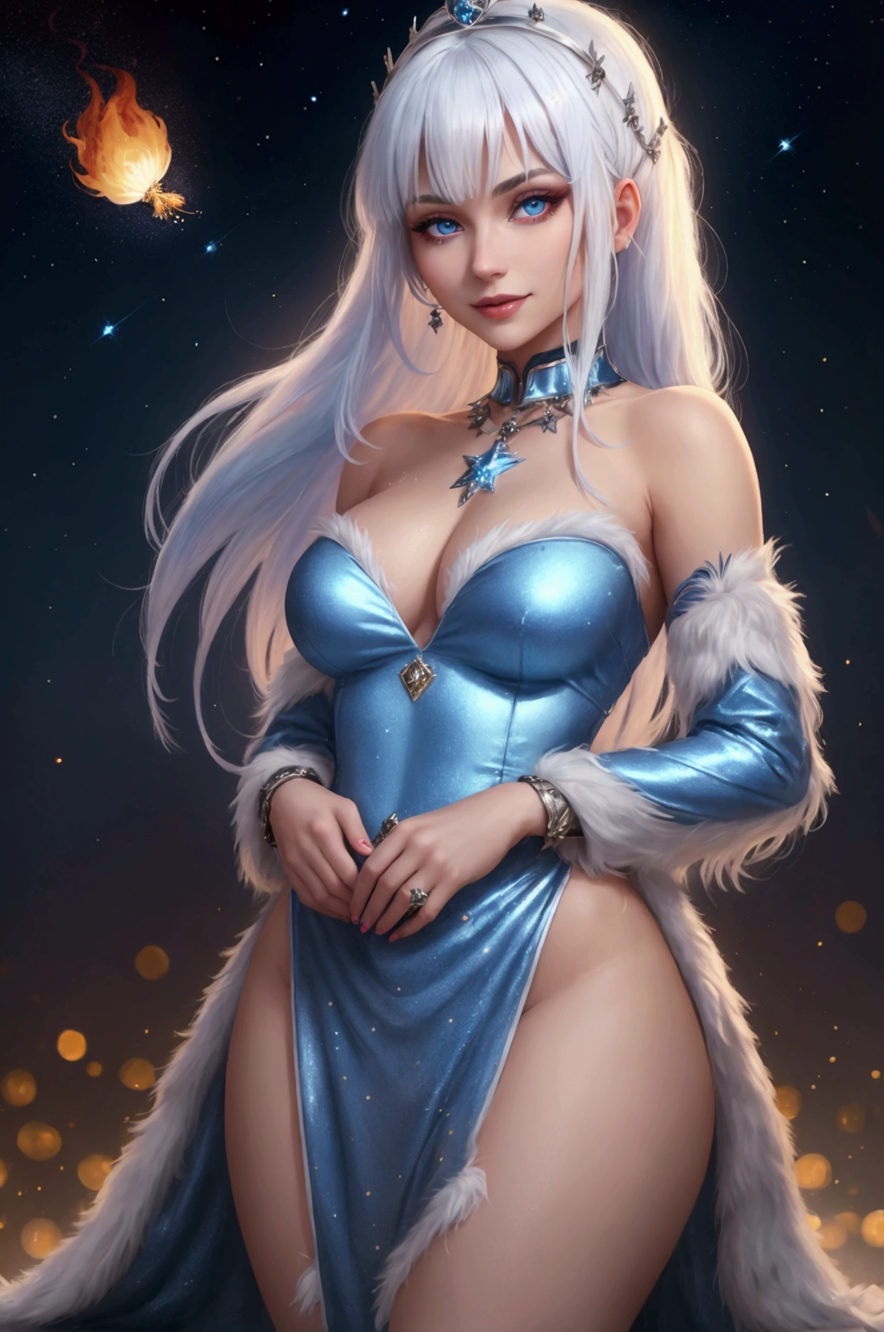 (ultra realistic,32k, masterpiece:1.2),(high detailed skin:1.1),( high quality:1.1),
<lora:WinxClubAmplifiedIcy:0.8>Icy, white hair, blue eyes, ponytail, very long hair, makeup, sulking,  winter snowy stormkeep citadel, thundering skies, imposing fortress, elemental power,, (huge breast,large breast:1.1),<lora:add_detail:0.94>,
(golden hour:1.1),