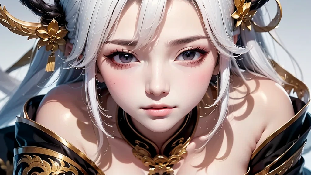 super high quality, masterpiece, Perfect illustration, Very detailed:1.6,　white barance, 1girl, 23 years old, cute girl, white hair, sharp and big beautiful eyes, medium breasts, bright skin. fantasy royalty, onmyoji, majesty, asian dress. black and gold clothes. simple background, white background, white dust. hanbok、Chinese royal clothing, profile
