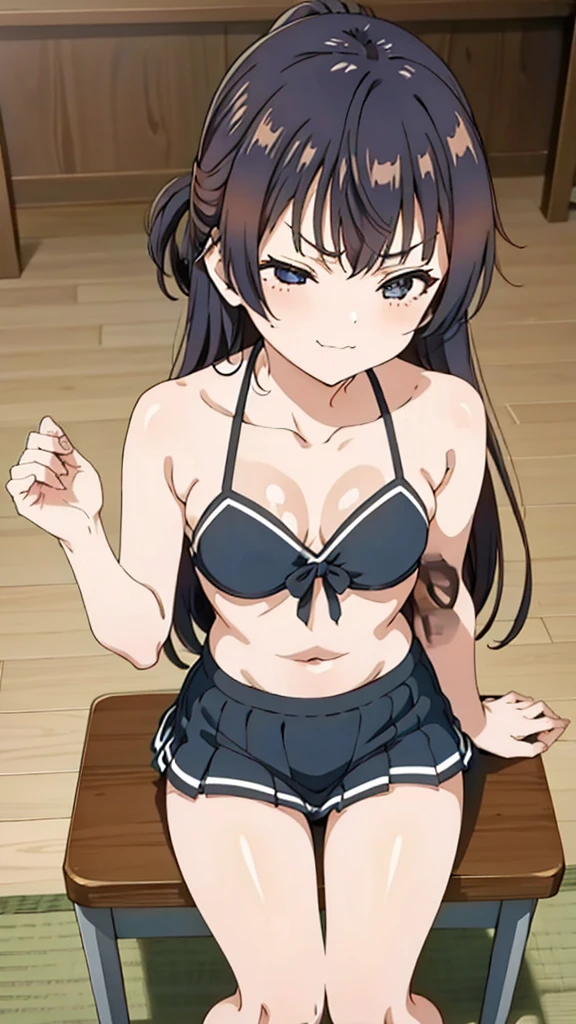 succubus tail, demon tail, GIRL, (Masterpiece: 1.1), (Best Quality: 1.1), Upper Body Bikini, (White Bikini: 1.1), (Plaid Skirt: 1.1), High Waist Skirt, Blake [Green Grass: Pink, :0.5] Themed, Denim Lenses, Blake Silver, Long, Green Eye, closed mouth, solo, cowboy shot, night sky, forest, arms behind head, contrapposto, shy smile, spread armpits, shy smile, high quality, 