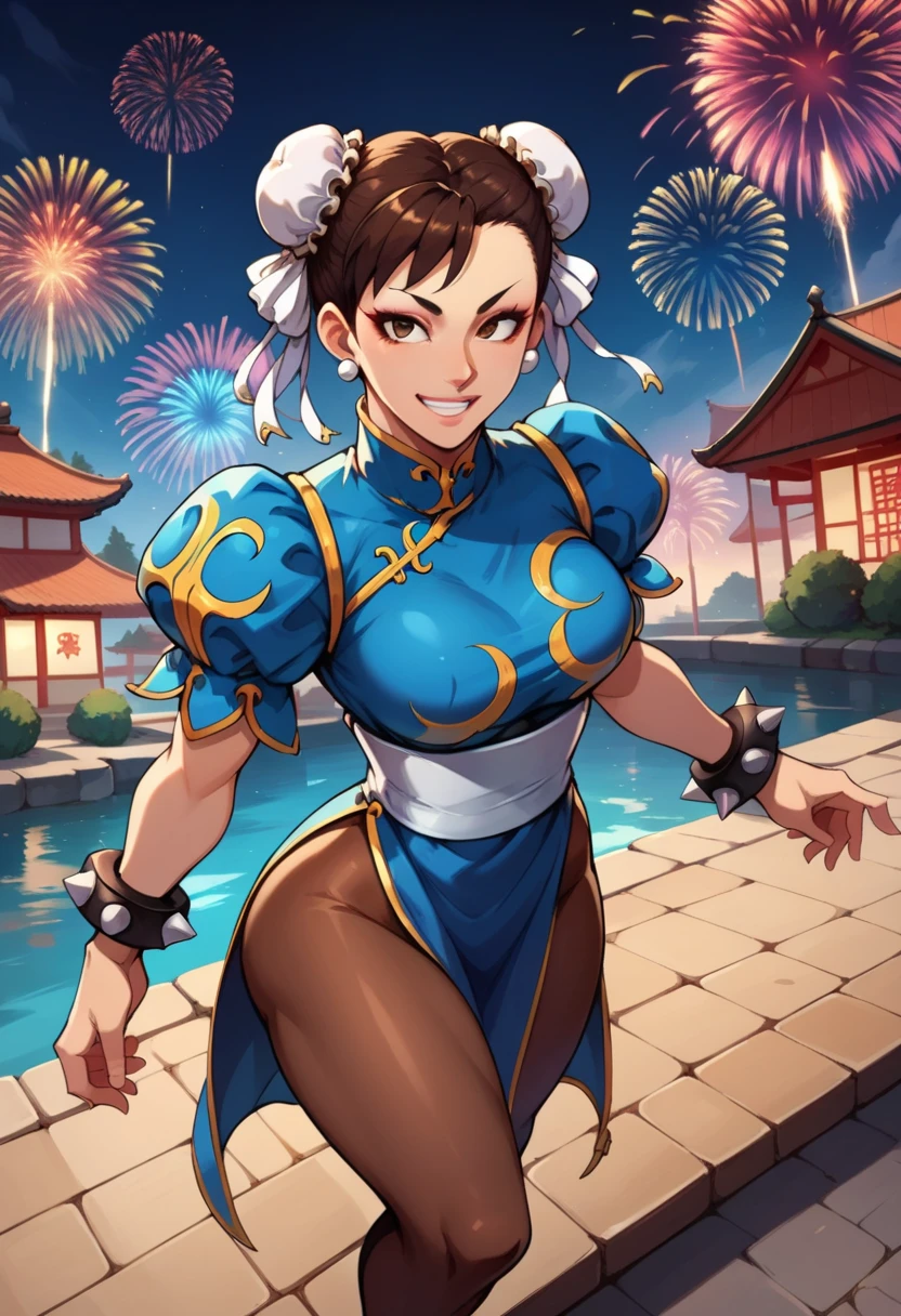 score_9, score_8_up, score_7_up, score_6_up, source anime, BREAK 1girl, solo, yculpnxl,Chun-Li, \(Street Fighter\), brown eyes, short hair, brown hair, double bun, bun cover, eyeshadow, medium breasts, from above, Fireworks Background, smile, blue qipao, spiked bracelets, puffy sleeves, white belt, brown pantyhose, fireworkart, made of fireworks