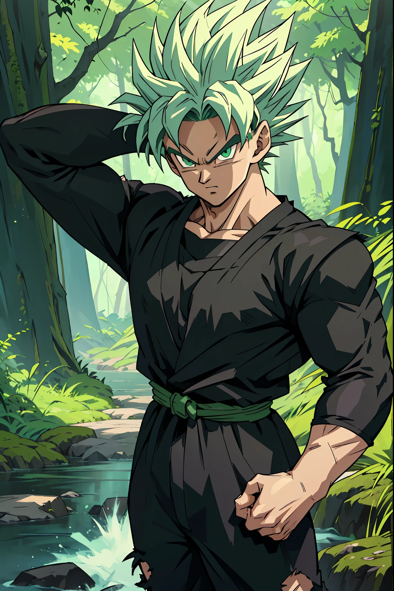 ((arte estilo anime)), , He is a 16 old teenager, very white skin, He has slightly disheveled black hair ,  light green eyes, , muscular body , anime art style Dragon Ball , sexy face, he is wearing just a ripped black jumpsuit , 8k, high quality, masterpiece, in the middle of the forest  , shining green eyes 