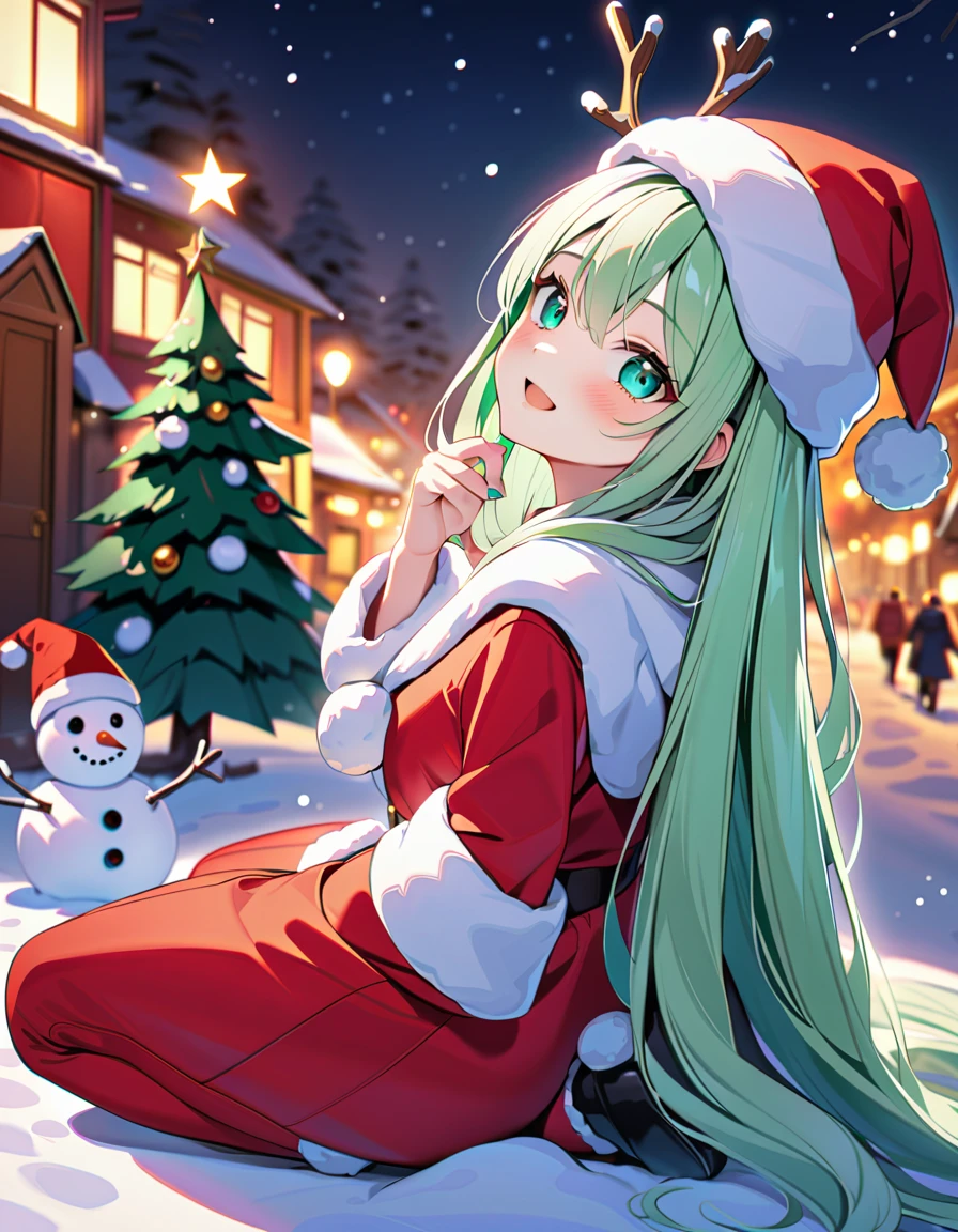 (In 8K, Best Quality, Master Piece: 1.2), Ultra High Resolution,1 girl,16yo,ultra-detailed face,puffy eyes,emerald green eyes,gradient eyes,,Mascara,platinum hair,long hair,straight hair,Santa costume,Santa hat,Santa boots,squatting,from side,looking at viewer,smile,blush,night,one reindeer,1 christmas tree,snowman,footprints in the snow,Snow scene