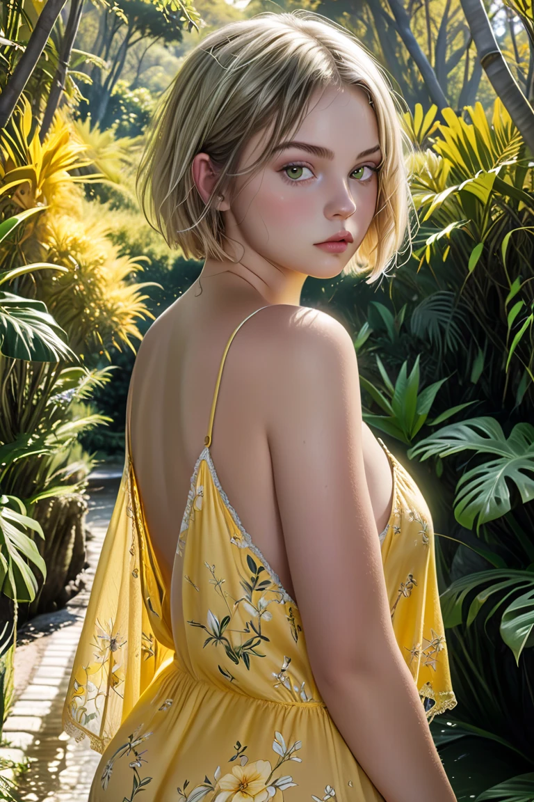 A teenage plus-size Caucasian  model of rare beauty, lightly tanned white skin, short blonde hair with a bob cut, small snub breasts, distracted gray green eyes, delicate and long hands. She wears a yellow negligee. She poses backside snubing beautiful ass along a narrow path under trees in the Atlantic Forest, surrounded by beautiful tropical gardens; a fountain with a jet; natural backlighting. 
Color photograph with Canon EOS R6 Mark II Camera, 55 mm, ISO 100,400, 4K. From below view, depth of field, backlightin 