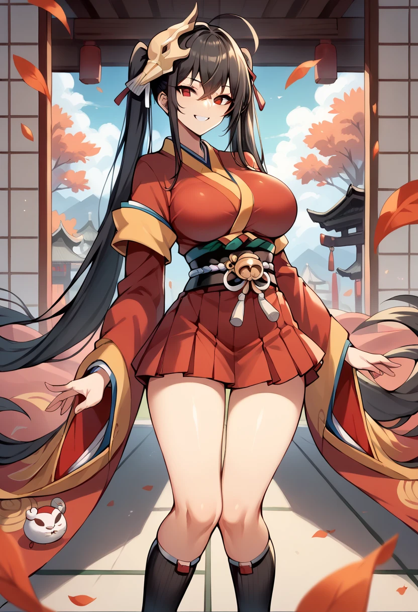 score_9, score_8_up, score_7_up, mlTaiho , Short kimono,  long hair , mask on head,  black hair,  Twin Tails ,  absolute domain, Wide sleeves,  black thigh high socks,  gigantic_Busty,  hakama short skirt ,  red kimono , red eyes,  hair crossed with bangs  , smile, indoor,  bedroom,  accentuates breasts ,