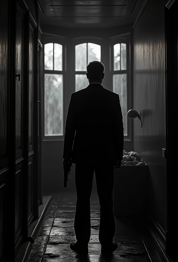 a man in a dark room, suited figure whit gun, film noir style, dramatic lighting, high contrast, moody atmosphere, cinematic composition, chiaroscuro, gritty texture, strong shadows, dramatic pose, focused expression, 1940s style, black and white with hints of color, atmospheric environment, rainy night setting, desaturated palette, deep shadows, hard edge lighting, dramatic silhouette, cinematic depth of field, photorealistic, masterpiece, 8k, watch to the camera, Max Payne, lilamaddyson