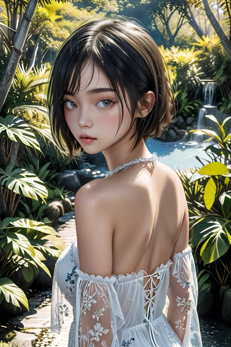 A Asian teenage model of rare beauty, lightly tanned white skin, short blackest hair with a bob cut, small breasts, distracted gray açaí eyes, delicate and long hands. She wears a white blue negligee. She poses backside snubing beautiful ass along a narrow path under trees in the Atlantic Forest, surrounded by beautiful tropical gardens; a fountain with a jet; natural backlighting. 
Color photograph with Canon EOS R6 Mark II Camera, 55 mm, ISO 100,400, 4K. From below view, depth of field, backlightin 