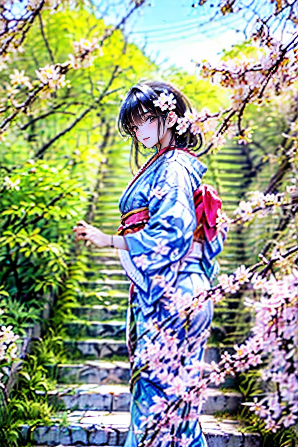 (( A Girl Climbing a Long Staircase Through a Cherry Blossom Grove))　( Wearing a Traditional Japanese Kimono )　 Brown Long Hair 　Highlighted Hair 　 　 deep neckline 　smile　 Exact Face Drawing 　Exact Hand Depiction 　Spring weather　( Many cherry trees with lots of flowers)　 Cherry Blossom Petals 　(Distant cityscape seen under the stairs behind the girl)　Steep slope　Composition from above　Depiction from the top of the stairs 　 detailed down to the smallest detail　Detailed depiction　anime　 high definition 　( high definition)　( top quality)　 Masterpiece