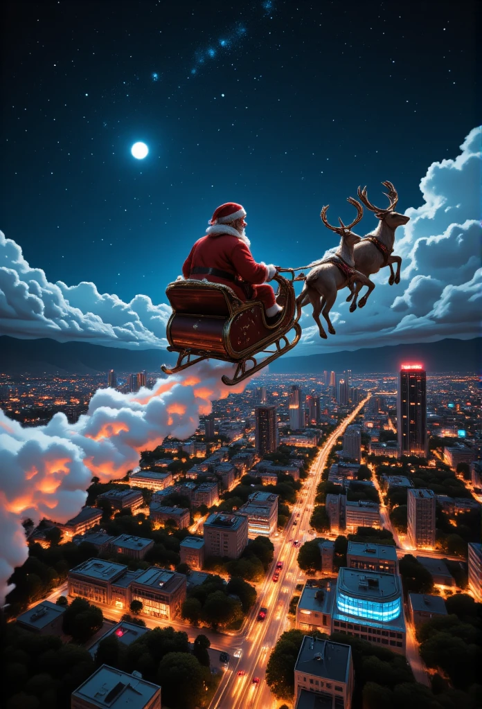 {
  "title": "Santa Claus and the Sleigh in Flight over Mexico City ",
  "Description": {
    " Setting ": " Santa Claus flying in his sleigh over Mexico City illuminated by Christmas lights.",
    "style": " Cinematic and detailed ,  capturing the city lights and the moving sleigh .",
    "emotion": "Wonder and excitement ,  with an adventurous atmosphere ."
  }
}
