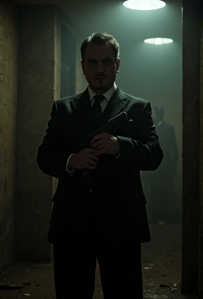 a man in a dark room, suited figure whit gun, film noir style, flasjlight to the camera, dramatic lighting, high contrast, moody atmosphere, cinematic composition, chiaroscuro, gritty texture, strong shadows, dramatic pose, focused expression, 1940s style, hints of color, atmospheric environment, rainy night setting, desaturated palette, deep shadows, hard edge lighting, dramatic silhouette, cinematic depth of field, photorealistic, masterpiece, 8k, watch to the camera, Max Payne, lilamaddyson