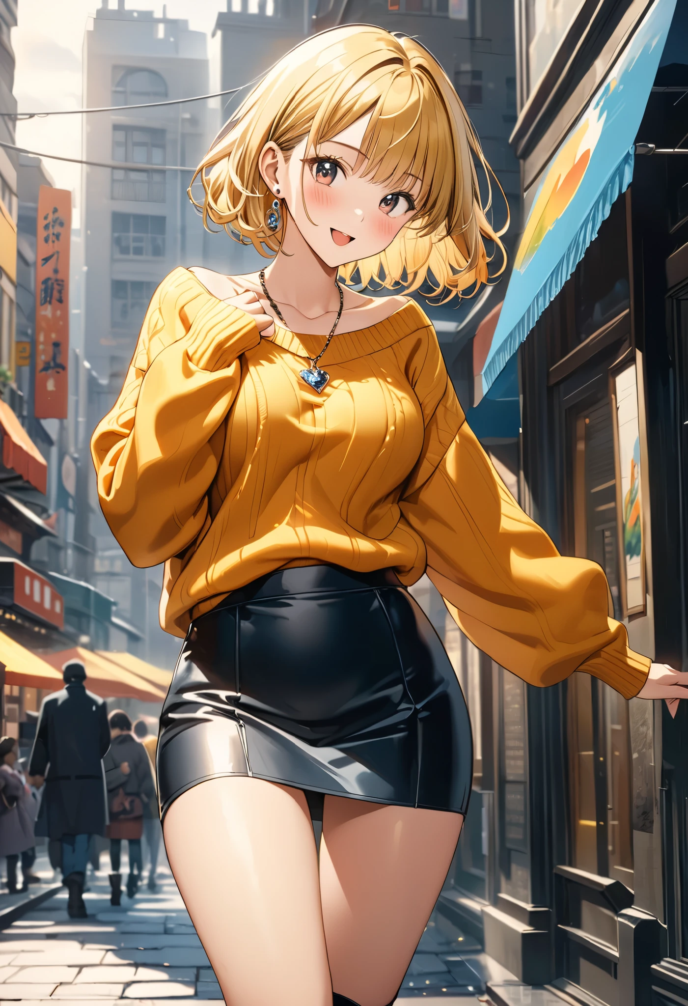 masterpiece, Best Quality, High resolution,16k,official art,super detailed skin,detailed,animated painting, Takarada Rikka ,1990s \(style\),(F cup beautiful breasts)、25years old, (tall:1.2),height: 175cm,Fashion model body type、Short Hair、wavy hair,（Blonde）、gal,(long sleave knit, mini skirt,boots:1.3),Belly button,necklace、Ear piercing,,Muscular、1girl、big laugh,Shy、blush,Shyness,Anime-style painting style,Close-up of the full body,Cinematic lighting,superfine,magnificent view,in the city,morning,winter,(sexy),,