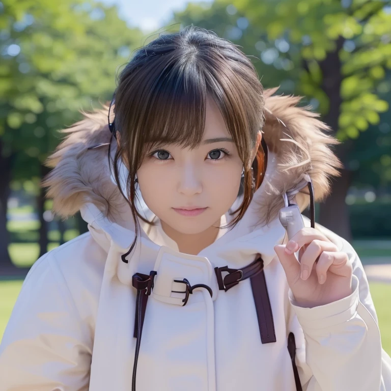 (((Open the front of the duffle coat))),((( completely nakedをみせている女性)))、((( completely naked)))、 Top Ponytail、((In the park)), 8k, super detail, ccurate, best quality、(((Full body photography))),((( pussy )))、(((pubic hair)))、(((Open the front of the duffle coat))),((( completely nakedをみせている女性)))、,((( shot from the front )))、Trance