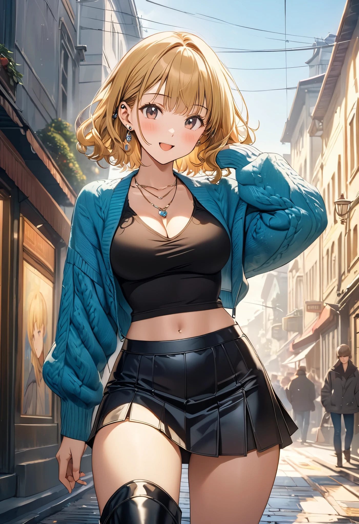 masterpiece, Best Quality, High resolution,16k,official art,super detailed skin,detailed,animated painting, Takarada Rikka ,1990s \(style\),(F cup beautiful breasts)、25years old, (tall:1.2),height: 175cm,Fashion model body type、Short Hair、wavy hair,(Blonde)、gal,(knit, mini skirt,boots:1.3),Belly button,necklace、Ear piercing,,Muscular、1girl、big laugh,Shy、blush,Shyness,Anime-style painting style,Close-up of the full body,Cinematic lighting,superfine,magnificent view,in the city,morning,winter,(sexy),,