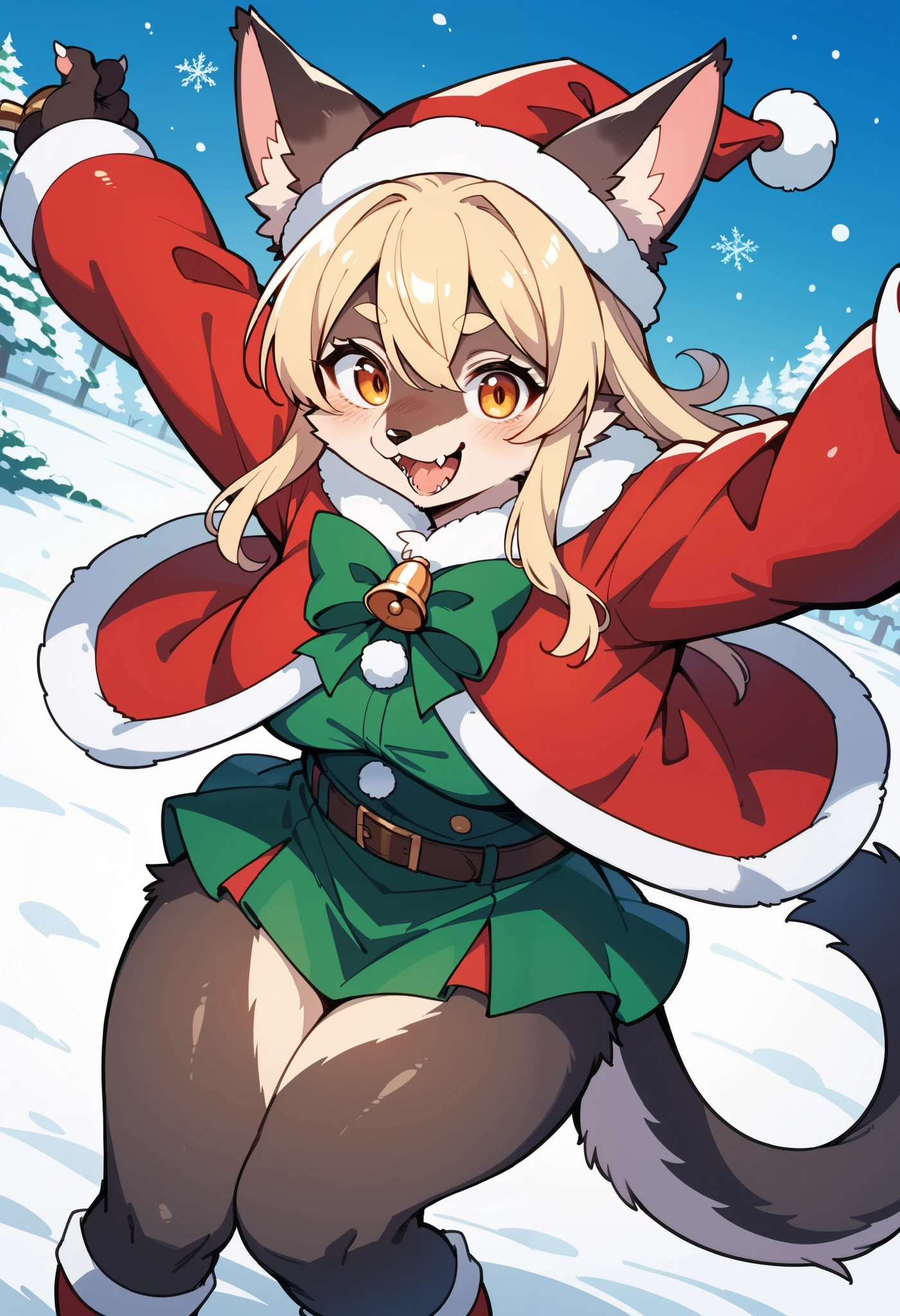 score_9, score_8_up, score_7_up, score_6_up, score_5_up, score_4_up, source_furry, hires, masterpiece, absurdres, perfect anatomy(epic, dynamic angle)While creating a christmas atmosphere, Santa with furry elements(kemono, super cute 1girl, solo focus)(furry anthro)Scene of a snow with a strong happy color,