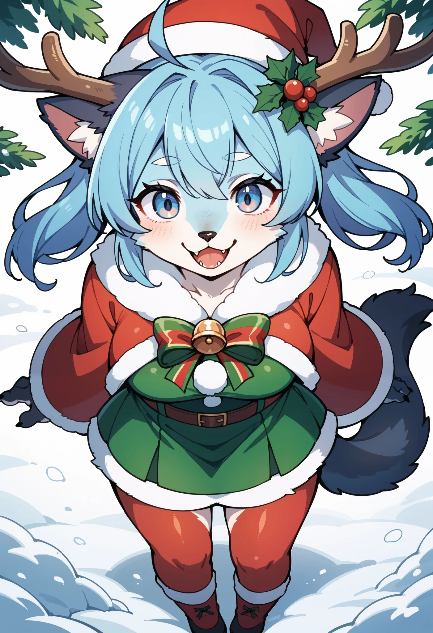 score_9, score_8_up, score_7_up, score_6_up, score_5_up, score_4_up, source_furry, hires, masterpiece, absurdres, perfect anatomy(epic, dynamic angle)While creating a christmas atmosphere, Santa with furry elements(kemono, super cute 1girl, solo focus)(furry anthro)Scene of a snow with a strong happy color,