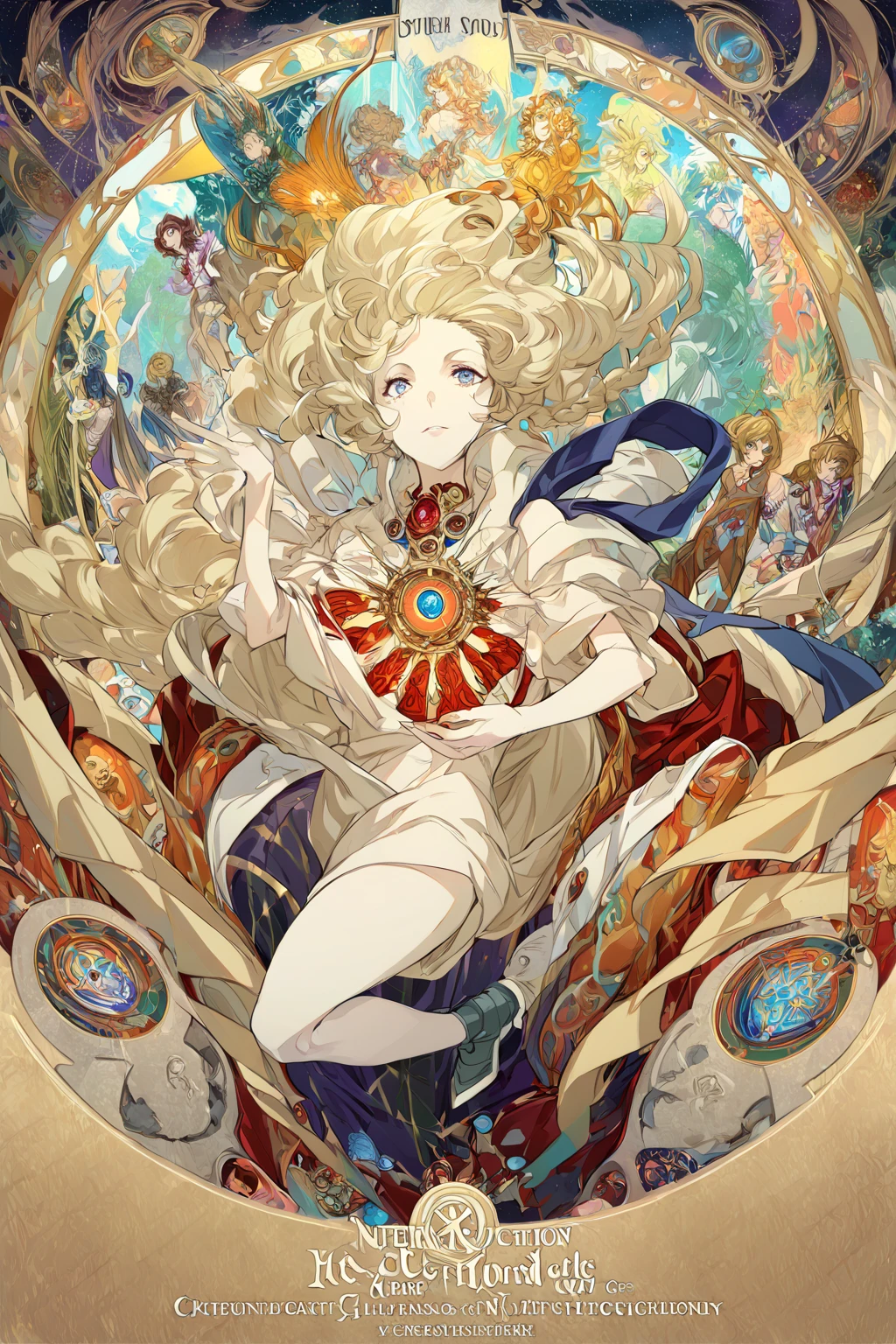 (Carol Malus Dienheim,symphogear),(braid long blondhair),One Girl,Pale skin,naked,(full length),Five fingers,Perfect hands,Masterpiece, Superior Quality, Tarot, Bard, Court Fool, Symbolism, Visual Arts, Occult, Universal, Vision Casting, Philosophy, Iconography, Numerology, Popularity, Arts, Alphonse Mucha,(alphonse mucha style background),