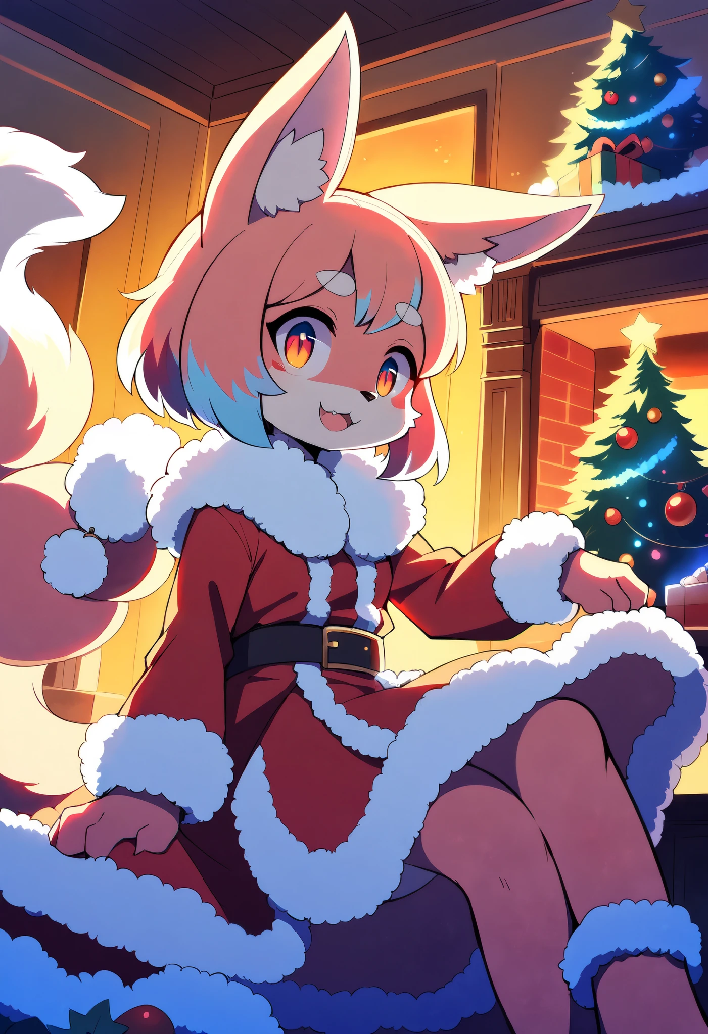 (a small female humanoid fennec fox with small hair, light brown hair, small ahoge, small snout, flat chest, fox tail, slim thighs, yellow fur, round head, round chin, small fangs and big red eyes) wearing (white long gloves, Christmas cape, Christmas hat, Christmas dress, red socks, red flats), hands in hips, in front of a Christmas tree, smile, looking at viewer, by minus8, by dagasi