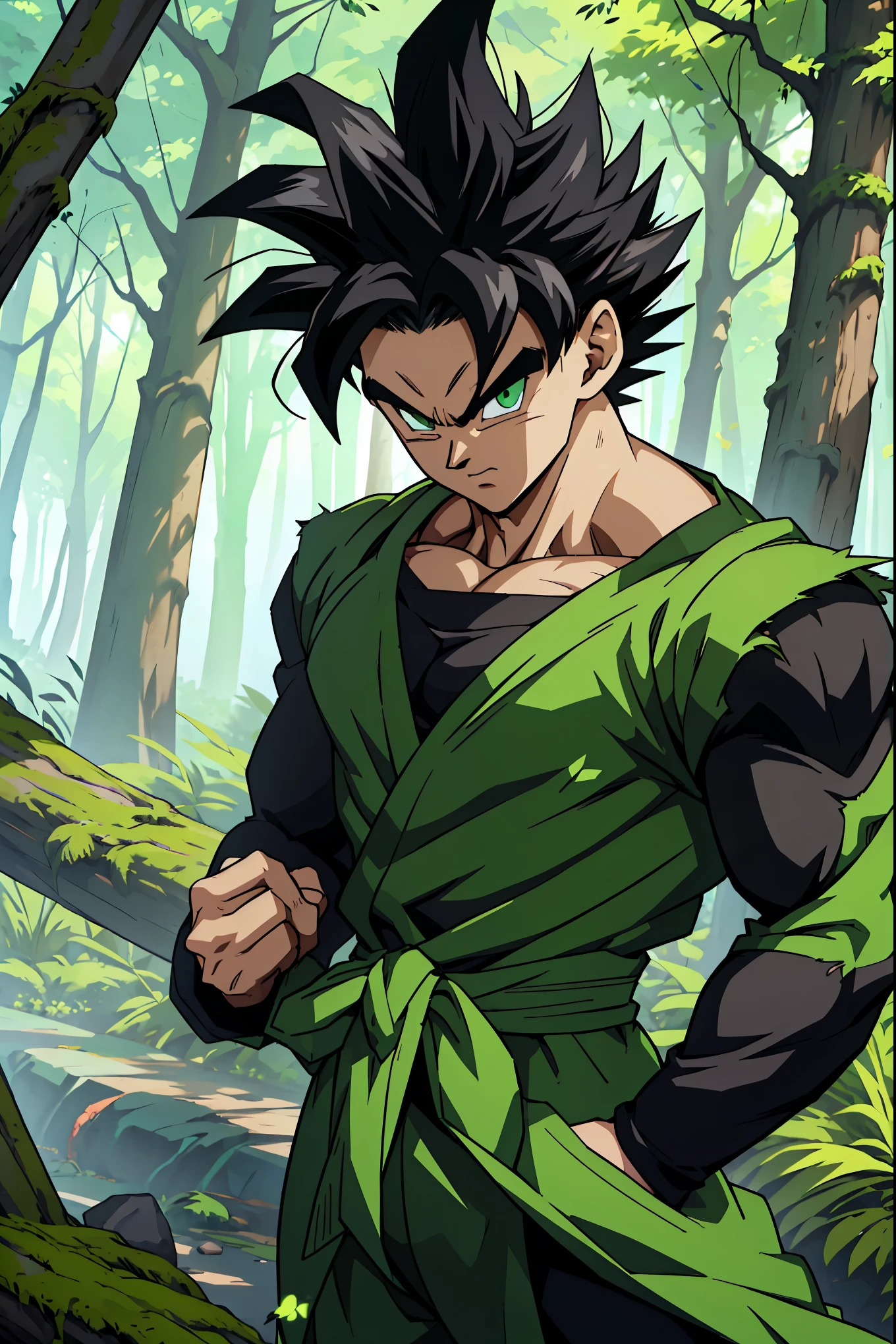 ((arte estilo anime)), , He is a 16 old teenager, very white skin, He has slightly disheveled black hair ,  light green eyes, , muscular body , anime art style Dragon Ball , sexy face, he is wearing a ripped black jumpsuit ,  , 8k, high quality, masterpiece, in the middle of the forest  , shining green eyes 