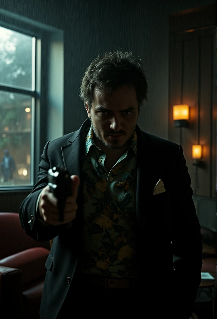 a man in a dark room, suited figure whit beretta gun, film noir style, Hawaiian shirt, leather jacket, flasjlight to the camera, dramatic lighting, high contrast, moody atmosphere, cinematic composition, chiaroscuro, gritty texture, strong shadows, dramatic pose, focused expression, 1940s style, hints of color, atmospheric environment, rainy night setting, desaturated palette, deep shadows, hard edge lighting, dramatic silhouette, cinematic depth of field, photorealistic, masterpiece, 8k, watch to the camera, Max Payne, lilamaddyson