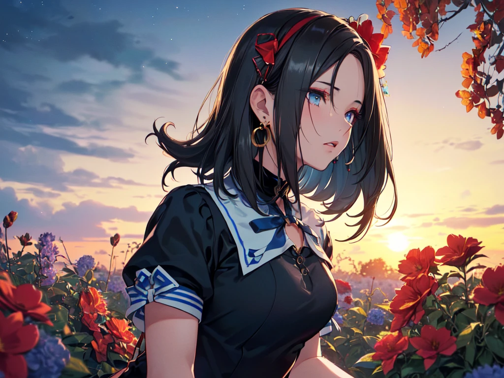 (solo:2), (girl, human ears), (turning around:2), (leaning forward to accentuate upper body:2), (sexy gaze:2), (long black hair:2), (hair tied in a big blue ribbon:2), (lots of hair accessories:2), (teardrop-shaped earrings:2), (gorgeous blue high-neck short-sleeved dress with collar, black opera gloves:2), (surrounded by lots of red flowers:2), (sunset sky, sunset, night sky, night breeze), (profile), (((high resolution, masterpiece, accurate, anatomically correct, multiple awards, top quality, detailed, high quality, extremely detailed, ultra high resolution))).