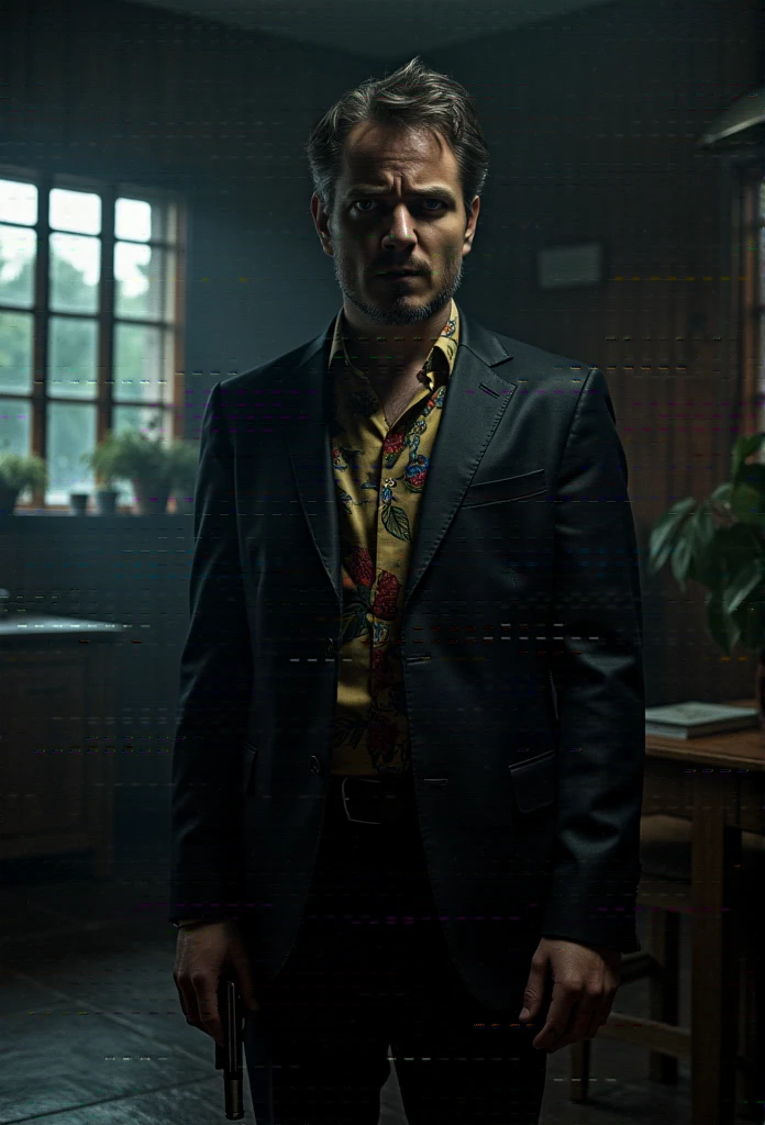 a man in a dark room, suited figure whit beretta gun, film noir style, Hawaiian shirt, leather black jacket, flasjlight to the camera, dramatic lighting, high contrast, moody atmosphere, cinematic composition, chiaroscuro, gritty texture, strong shadows, dramatic pose, focused expression, 1940s style, hints of color, atmospheric environment, rainy night setting, desaturated palette, deep shadows, hard edge lighting, dramatic silhouette, cinematic depth of field, photorealistic, masterpiece, 8k, watch to the camera, Max Payne, lilamaddyson