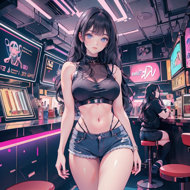 midnight nebulae starry_sky spacious moonset, A ultradetailed beautiful panting of a stylish girl wearing crop top in a convenience store, Oil painting, by Ilya Kuvshinov, Greg Rutkowski and Makoto Shinkai, heavenly beauty, barely clothed, ultra_high-details, ultra_high-quality, ultra_high-definition, ultra_high-resolution, UnrealEngine5 ultra Cinematic_sunLight, Epic tmasterpiece, dynamic composition, ultra-professional photorealistic, ultra-detailed, large breasts, BREAK holding a coffee cup, BREAK (car outdoors:1.2 deep path equirectangular) , glass, "Heavy Metal" chrome, extremely detailed, reflection, reveal transparent, varies multi etc. --v 6 --s 1000 --c 20 --q 5 --chaos 100