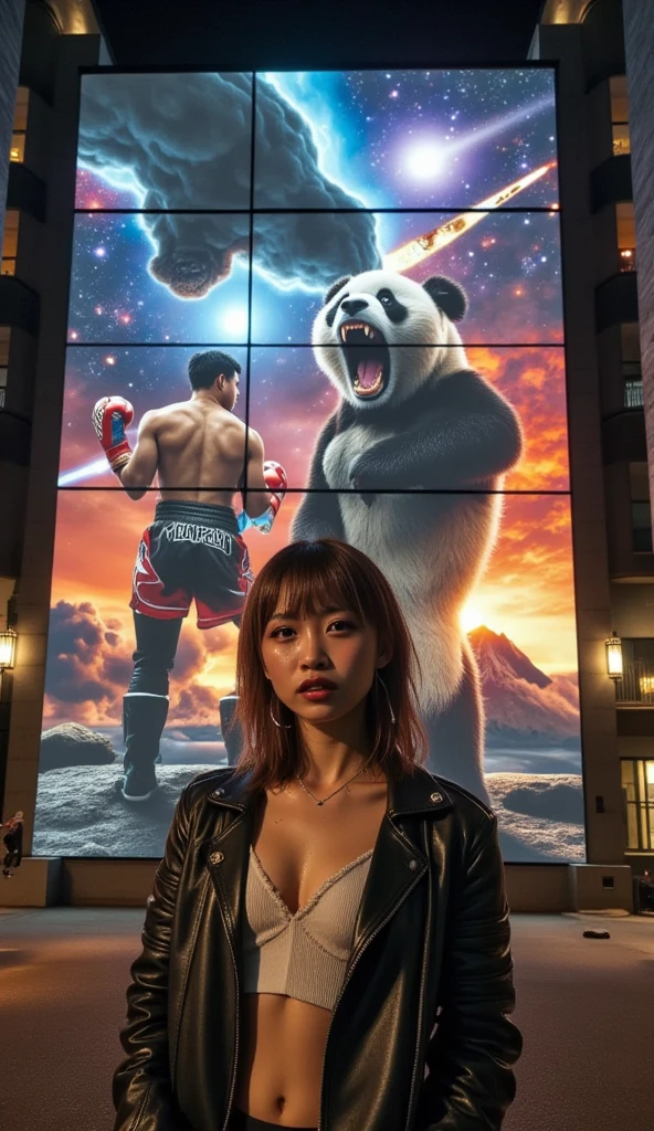 She is standing in front of the Muay Thai fighter vs. terrifying man-eating panda projected on a blue laser projector using the entire large glass-fronted building as a screen, ultra-realistic, photorealistic, dramatic scene, shadow, global-illumination, solo, (Japanese adult girl is looking at viewers:1.5), bad girl, very beautiful with very cute but boyish cool face, she is wearing punk rock outfits with leather jacket, the spectacular image on the building displays\(Muay Thai fighter vs. terrifying man-eating panda, there are the shouting Muay Thai fighter and terrifying panda with fang, volcano, thunder, giant meteorite, galaxy, blackhole, missile, explosion, Muay Thai fighter shows extremely painful expressions\), amazing view of milky way and aurora, professional lighting, at night,