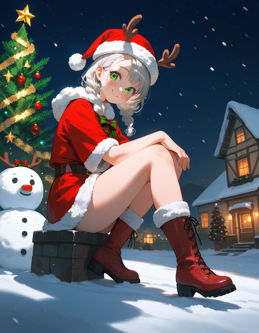 1 Anime girl, full-length, short white hair, green eyes, winter warm green jacket with a fur hood, cheeks rosy from the cold, snowflakes, warm mittens, warm shoes, warm skirt, black thick tights, snowy city park in the background, snow-covered Christmas tree, sad beautiful face, sitting, thick thighs