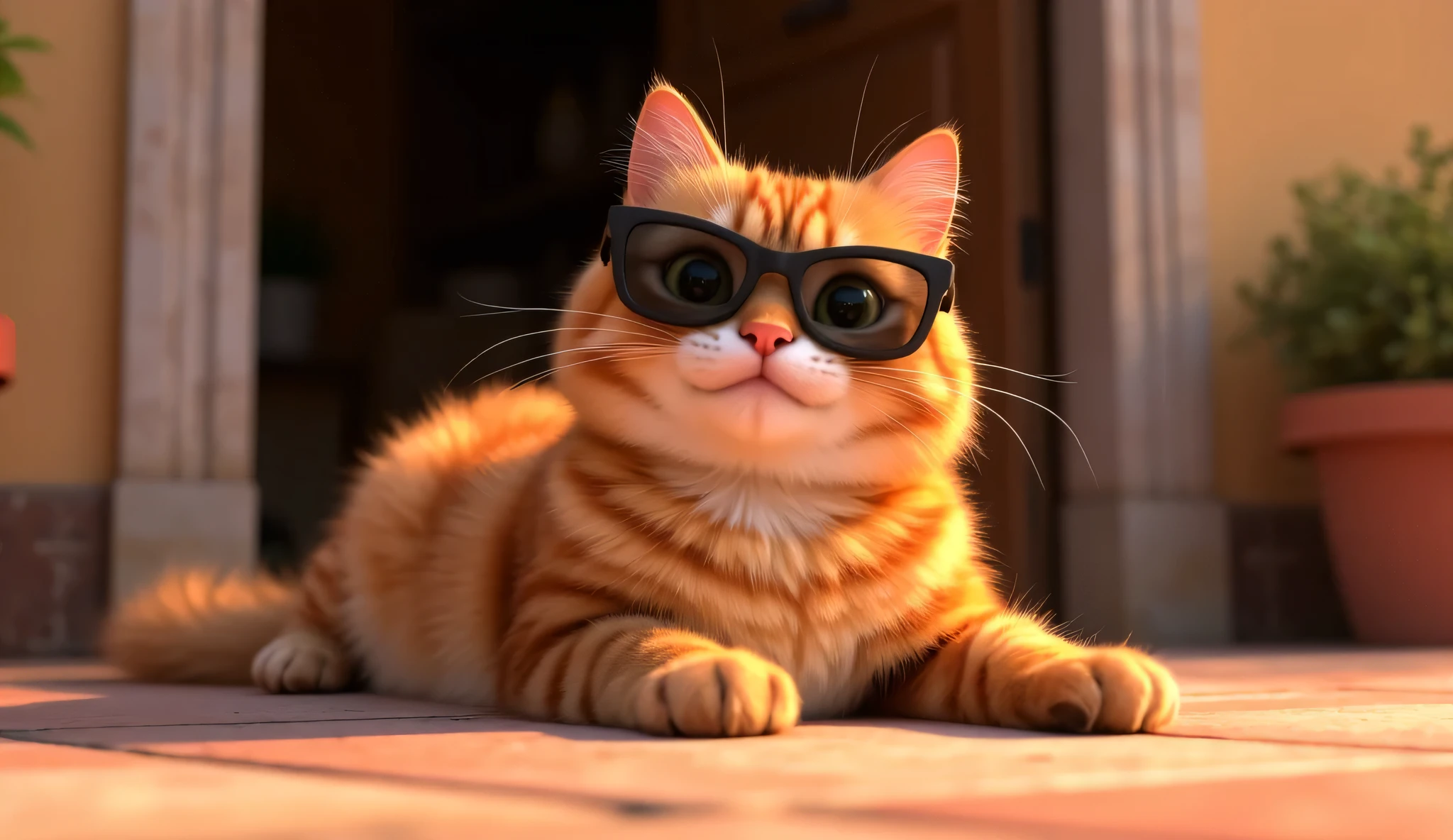 Pixar animated 3D image with vibrant color. Cute fat cat with dark orange fur with straight white stripes. Wearing sunglasses, relaxing lying down in front of the house door.