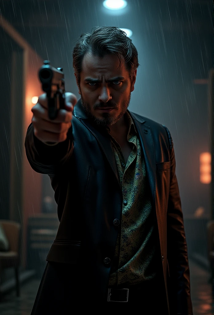 a man in a dark room, suited figure whit beretta gun, film noir style, Hawaiian shirt, leather black jacket, flasjlight to the camera, dramatic lighting, high contrast, moody atmosphere, cinematic composition, chiaroscuro, gritty texture, strong shadows, dramatic pose, focused expression, 1990s style, hints of color, atmospheric environment, rainy night setting, desaturated palette, deep shadows, hard edge lighting, dramatic silhouette, cinematic depth of field, photorealistic, masterpiece, 8k, watch to the camera, Max Payne, lilamaddyson