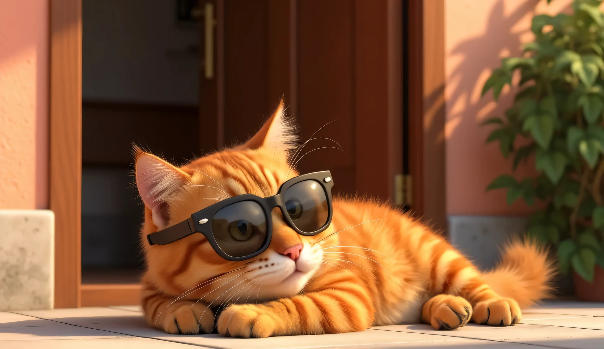 Pixar animated 3D image with vibrant color. Cute fat cat with dark orange fur with straight white stripes. Wearing sunglasses, relaxing lying down in front of the house door.