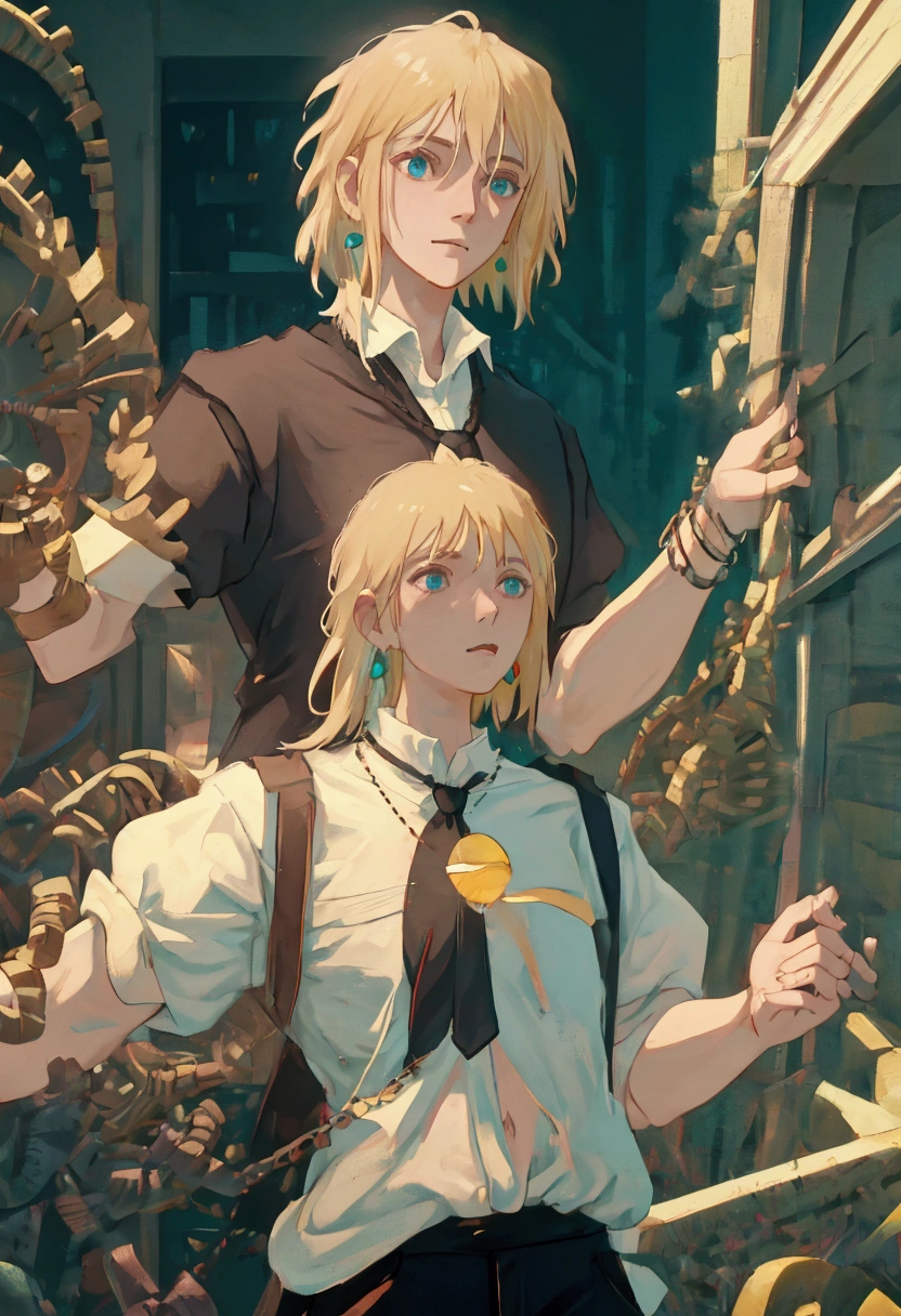 boy, blond, medium length hair, wearing a short-sleeved white shirt tucked into black pants, Without a tie, the collar is unfastened, turquoise eyes, small ring earrings, stands straight, UHD, retina, masterpiece, accurate, anatomically correct, high quality, best quality, highres, the collar of the shirt is unbuttoned,no tie