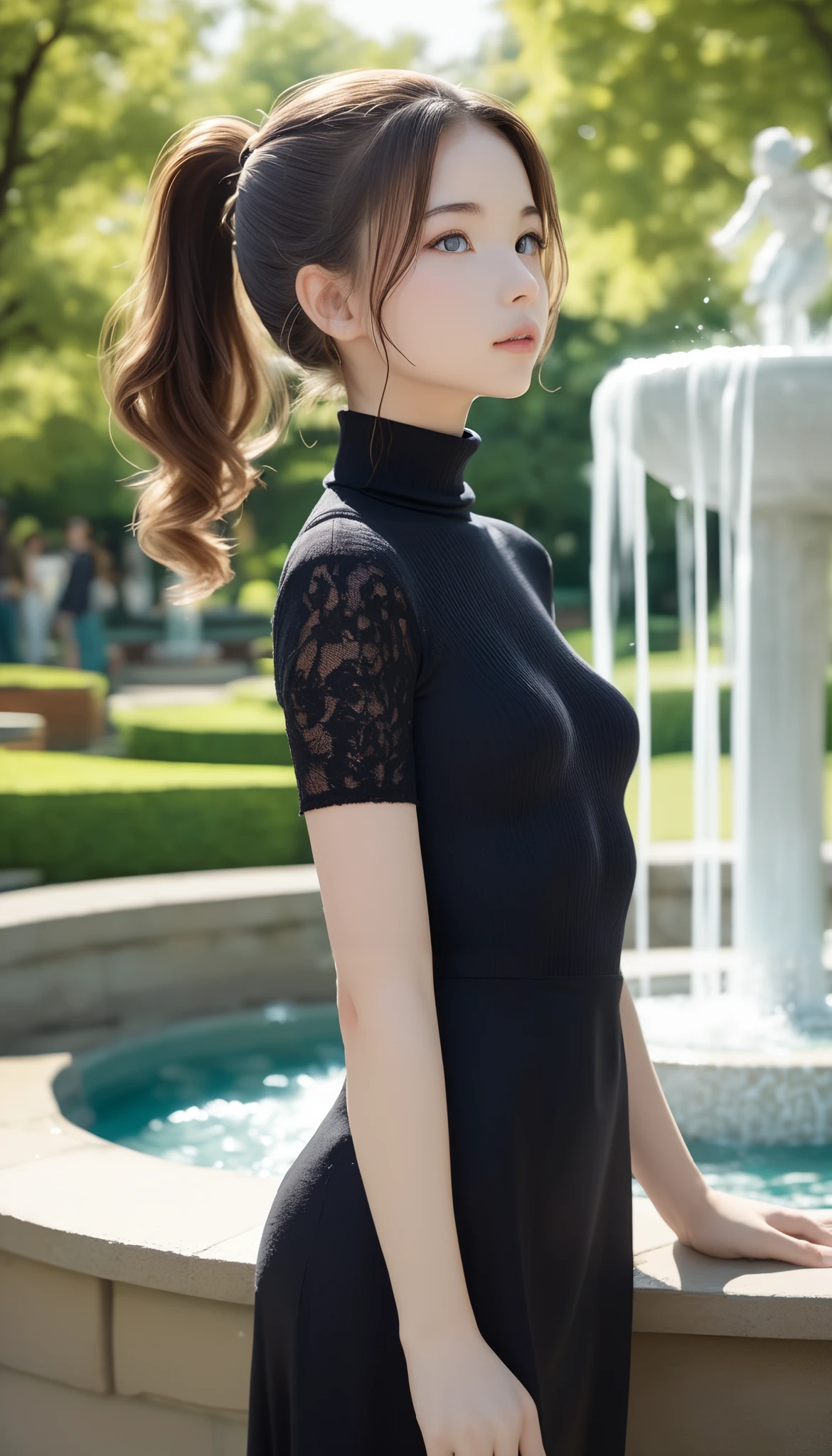  top quality:1.2、  masterpiece  、  Film Grains  、  RAW photos 、  One Girl 、  cute face、Fuller lips、 beautiful brown hair 、Transparent grey eyes、  ponytail 、短い髪の  ponytail 、 black turtleneck dress、 small breasts、 small breasts、  slender body 、Summer Park、Park with a fountain、