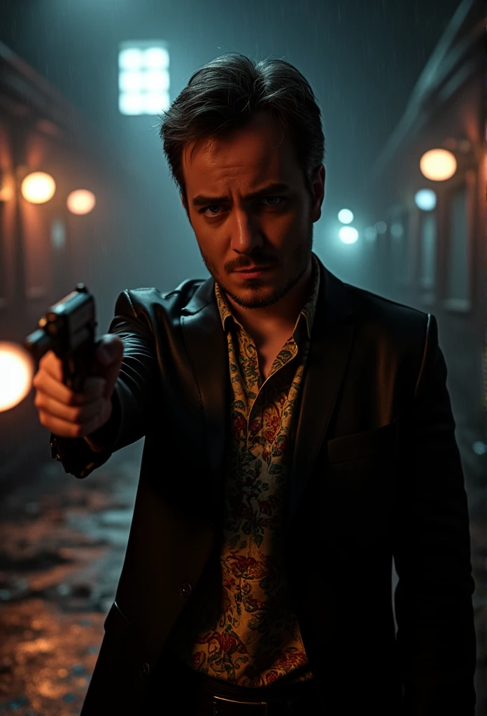 a man in a dark room, suited figure whit beretta gun, film noir style, Hawaiian shirt, leather black jacket, flashlight to the camera, dramatic lighting, high contrast, moody atmosphere, cinematic composition, chiaroscuro, gritty texture, strong shadows, dramatic pose, focused expression, 1990s style, hints of color, atmospheric environment, rainy night setting, desaturated palette, deep shadows, hard edge lighting, dramatic silhouette, cinematic depth of field, photorealistic, masterpiece, 8k, watch to the camera, Max Payne, lilamaddyson