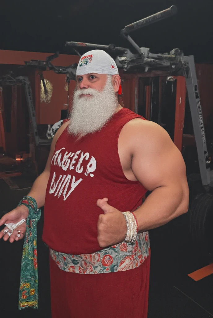 Hyperrealistic image of an elderly man over 79 years old, canoso, muy bronceado, super heavy and very fat maori superhero, very handsome bodybuilder with huge flabby pecs with very big and pointed nipples, muy sudoroso con todo el cuerpo muy chorreando semen acostada sobre un lecho de petalos de Rosas con el pecho chorreando semen, dressed only in a white satin thong that drips with milk
