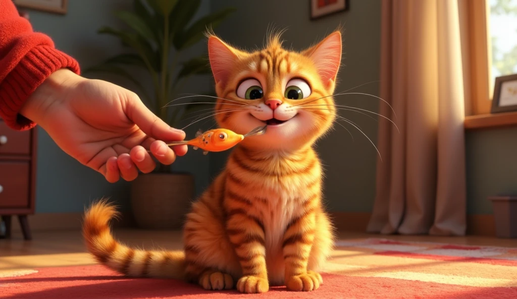 Pixar animated 3D image with vibrant color. Cute fat cat with dark orange fur with straight white stripes. Looks happy, human hand is shown giving him a catfish, funny happy face, background inside the house.