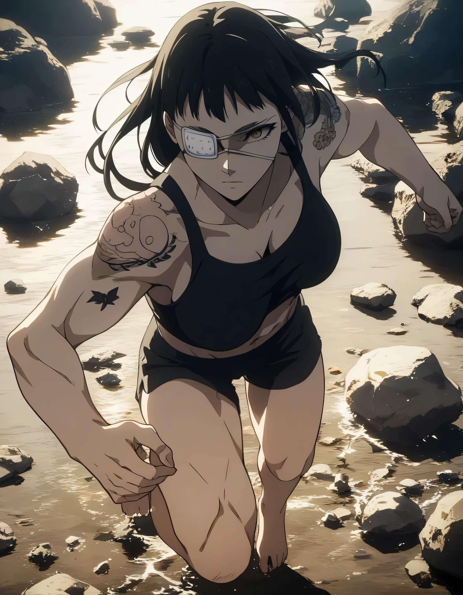 score_9, score_8_up, score_7_up,score_6_up,high resolution,source_anime,s0fiavalm3t,1girl,eyepatch,black hair,long hair,,water,rocks,volumetric lighting,rim lighting,dof,dramatic shadow,full body,dynamic pose,looking at viewer,pov,suspended in air, tattoos on shoulder,wearing sport bra,black sport shorts,Barefoot,training hard,,sporting attraction,running fiercely