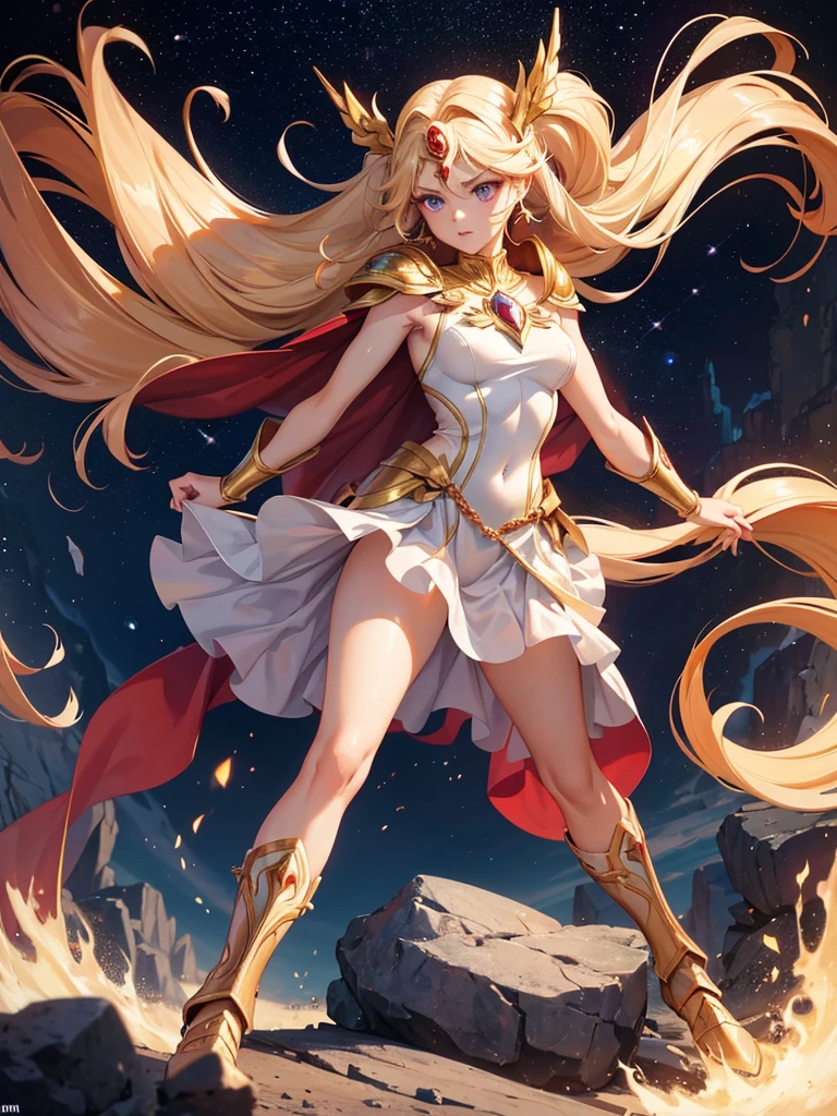 comics,(Highest quality:1.15), (masterpiece:1.17),
SheRaQuiron Character, One girl, blue eyes, rampage,shoot from below, wind from below,(white panties),up skirt,open thighs, 