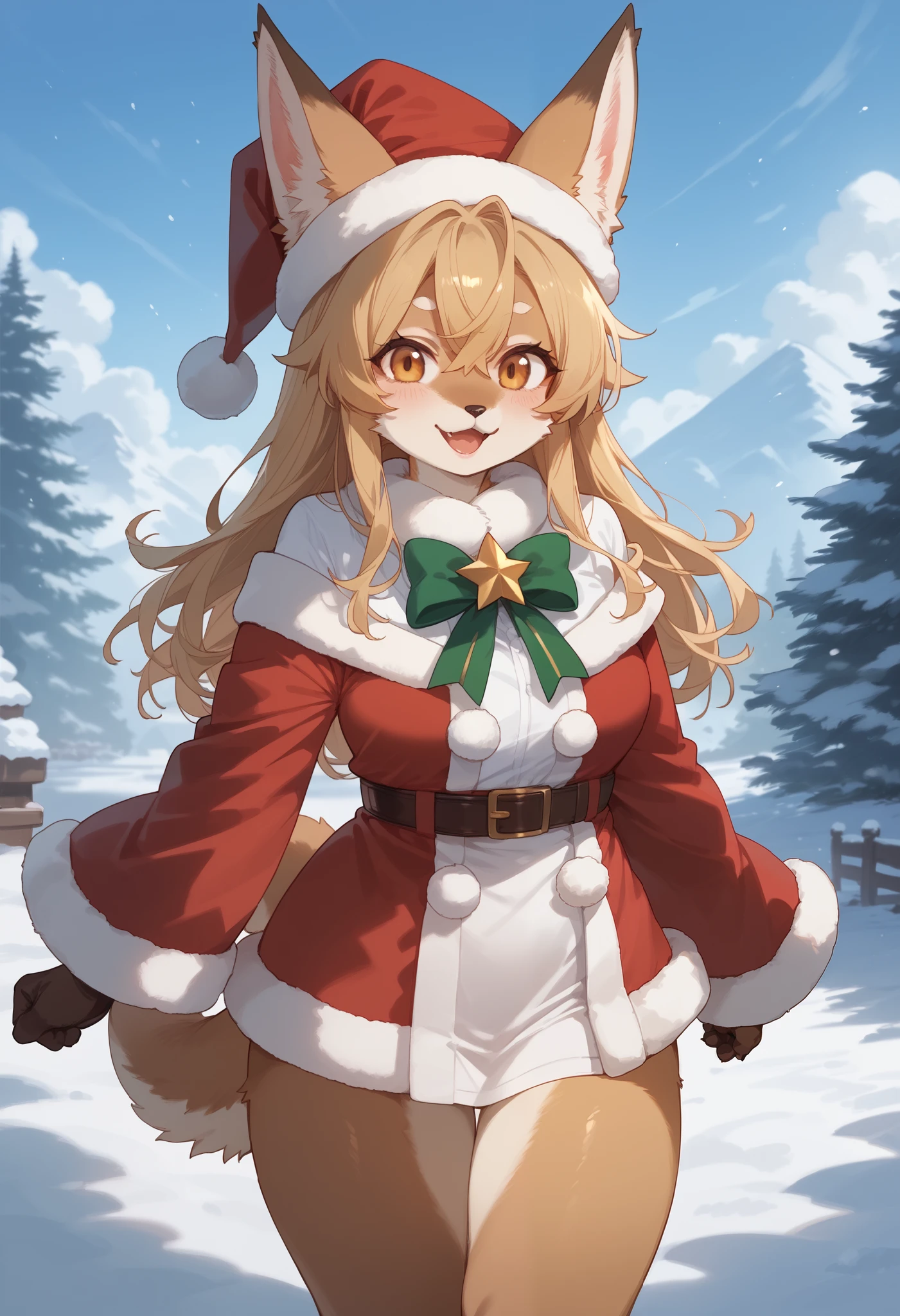 score_9, score_8_up, score_7_up, score_6_up, score_5_up, score_4_up, source_furry, hires, masterpiece, absurdres, perfect anatomy(epic, dynamic angle)While creating a christmas atmosphere, Santa with furry elements(kemono, super cute 1girl, solo focus)(furry anthro)Scene of a snow with a strong happy color,