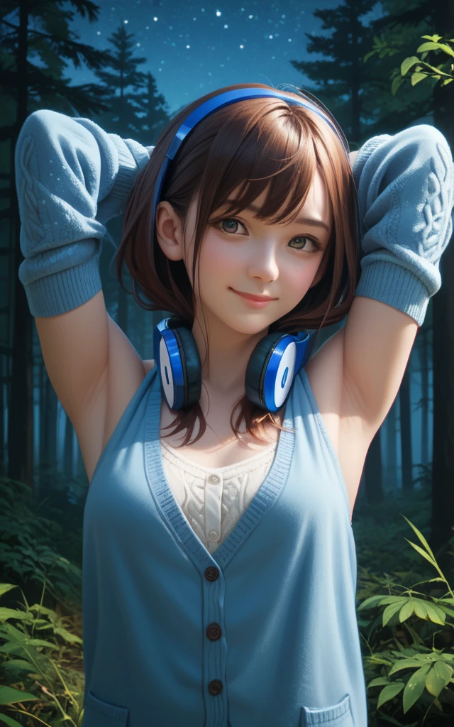 solo, 1girl, looking at viewer, 2D, anime, anime coloring, high quality, closed mouth, solo, upper body, night sky, forest, arms behind head, contrapposto, shy smile, spread armpits, cardigan, headphones around neck, looking at viewer, smile, bare shoulders