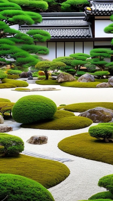 Temple Garden　Dry Landscape　 use white sand to look like a pond　meditation　Serenity　Japanese rock 　moss　 Scenery　View from the veranda