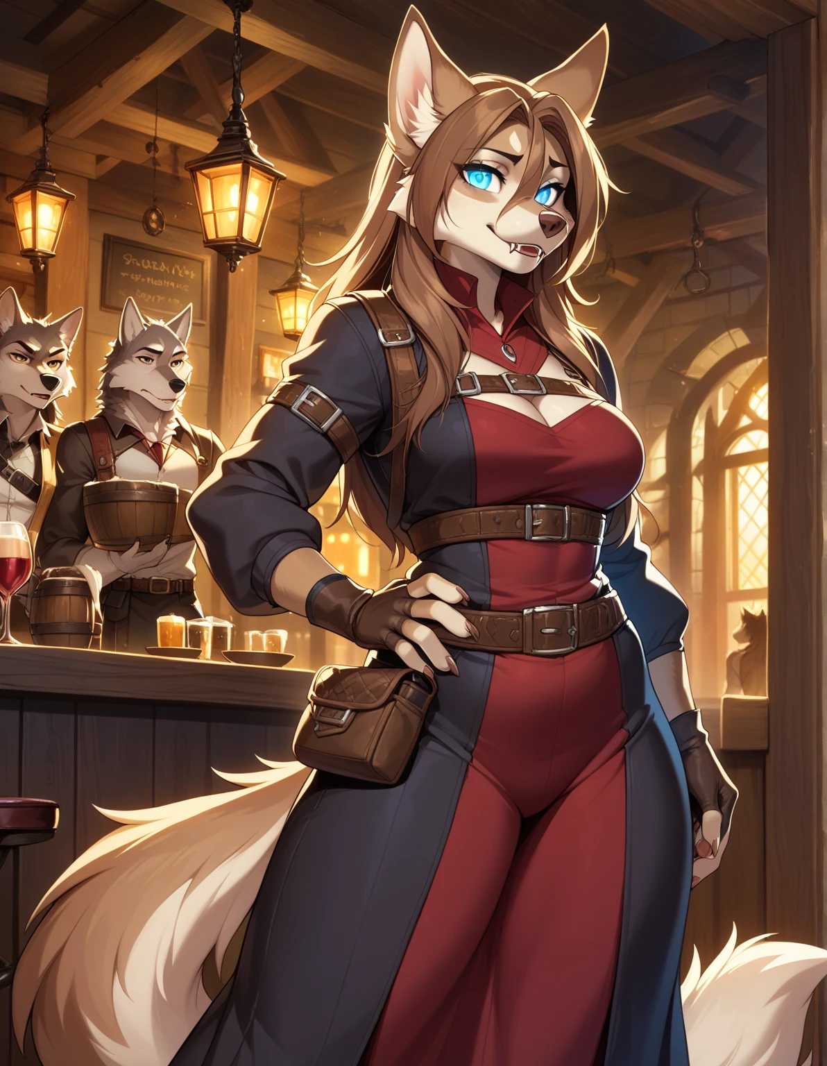 1girl, tail, furry, animal_ears,glowing blue_eyes, brown_hair, belt, looking_at_viewer, furry_female, gloves, wolf_tail, sad smile, wolf_ears, fingerless_gloves, hair_between_eyes,long skirt, hand_on_hip, snout, pouch, brown_gloves, wolf_girl, fangs, Small_hair, long_sleeves, brown_belt, artist_name, tavern outfit, and mage robes