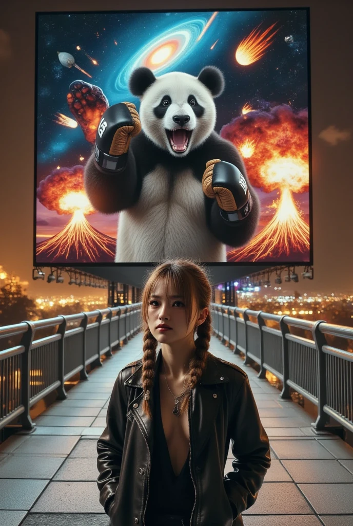 She is standing in front of the Muay Thai fighter vs. terrifying man-eating panda projected on a blue laser projector using the entire large glass-fronted building as a screen, ultra-realistic, photorealistic, dramatic scene, shadow, global-illumination, solo, (Japanese adult girl is looking at viewers:1.5), bad girl, very beautiful with very cute but boyish cool face, she is wearing punk rock outfits with leather jacket, the spectacular image on the building displays\(Muay Thai fighter vs. terrifying man-eating panda, there are the shouting Muay Thai fighter and terrifying panda with fang, volcano, thunder, giant meteorite, galaxy, blackhole, missile, explosion, Muay Thai fighter shows extremely painful expressions\), amazing view of milky way and aurora, professional lighting, at night,