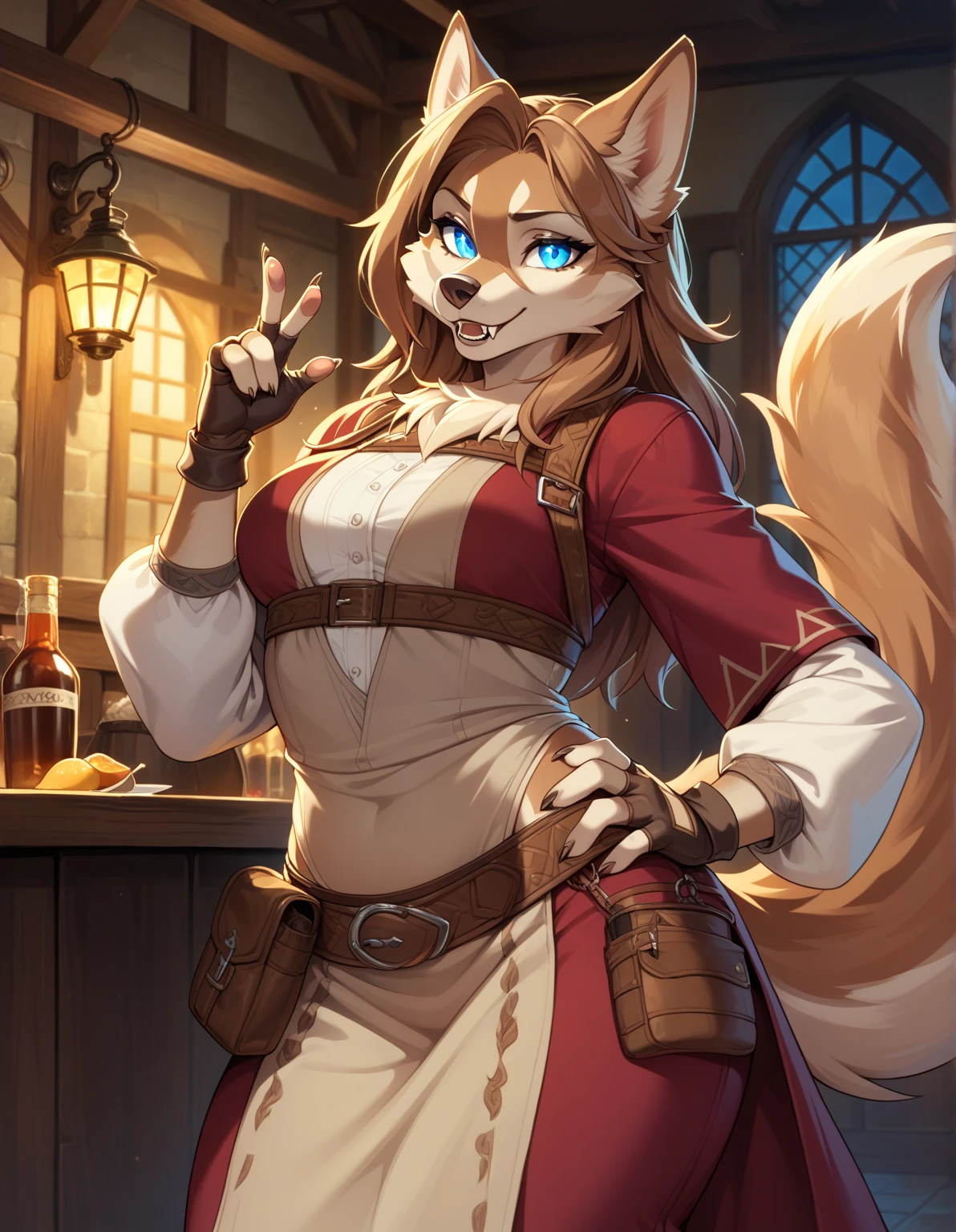 1girl, tail, furry, animal_ears,glowing blue_eyes, brown_hair, belt, looking_at_viewer, furry_female, gloves, wolf_tail, sad smile, wolf_ears, fingerless_gloves, hair_between_eyes,long skirt, hand_on_hip, snout, pouch, brown_gloves, wolf_girl, fangs, Small_hair, long_sleeves, brown_belt, artist_name, tavern outfit, and mage robes