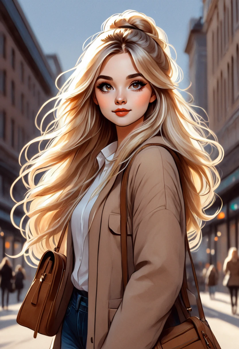  a painting of a woman with long blond hair and a bag, beautiful drawing style, detailed  fashion illustration , Long hair girl , | | very anime!!!, Her loose hair , A girl with blonde hair, detailed and cute art , blonde anime pose Girl with long, beautiful blonde, drawing style, cute realistic painting , pose Girl with long,  fashion illustration 