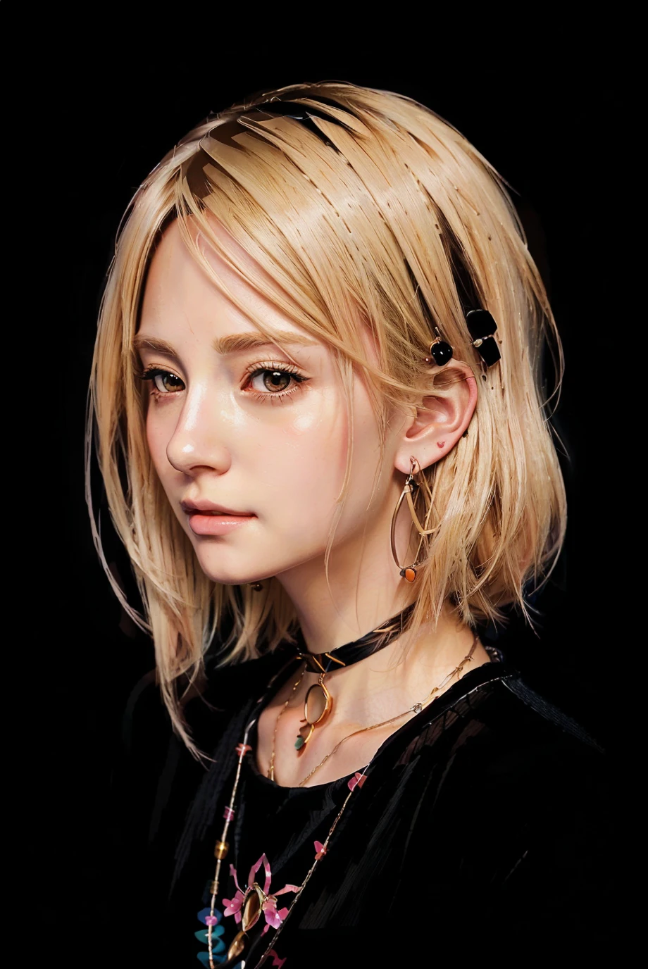  a woman with blonde hair and earrings in her ears and with a necklace, in the style of Bowater , detailed portrait of an anime girl, anime style portrait, Anime style digital art, anime portrait of a girl profile, Beautiful anime portrait, anime girl portrait, anime digital illustration,  stunning anime face portrait , 🤤 portrait of a girl, anime portrait of a girl, anime style digital art,   artistic portrait of characters  