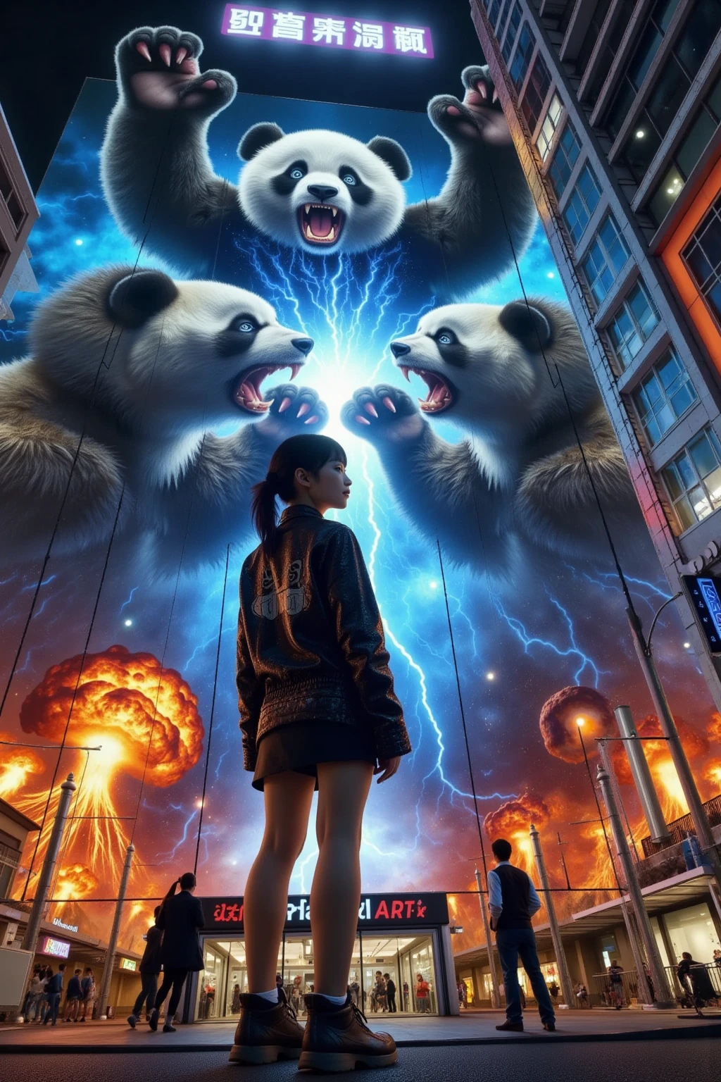 She is standing in front of the Muay Thai fighter vs. terrifying man-eating panda projected on a blue laser projector using the entire large glass-fronted building as a screen, ultra-realistic, photorealistic, dramatic scene, shadow, global-illumination, solo, (Japanese adult girl is looking at viewers:1.5), bad girl, very beautiful with very cute but boyish cool face, she is wearing punk rock outfits with leather jacket, the spectacular image on the building displays\(Muay Thai fighter vs. terrifying man-eating panda, there are the shouting Muay Thai fighter and terrifying panda with fang, volcano, thunder, giant meteorite, galaxy, blackhole, missile, explosion, Muay Thai fighter shows extremely painful expressions\), amazing view of milky way and aurora, professional lighting, at night,