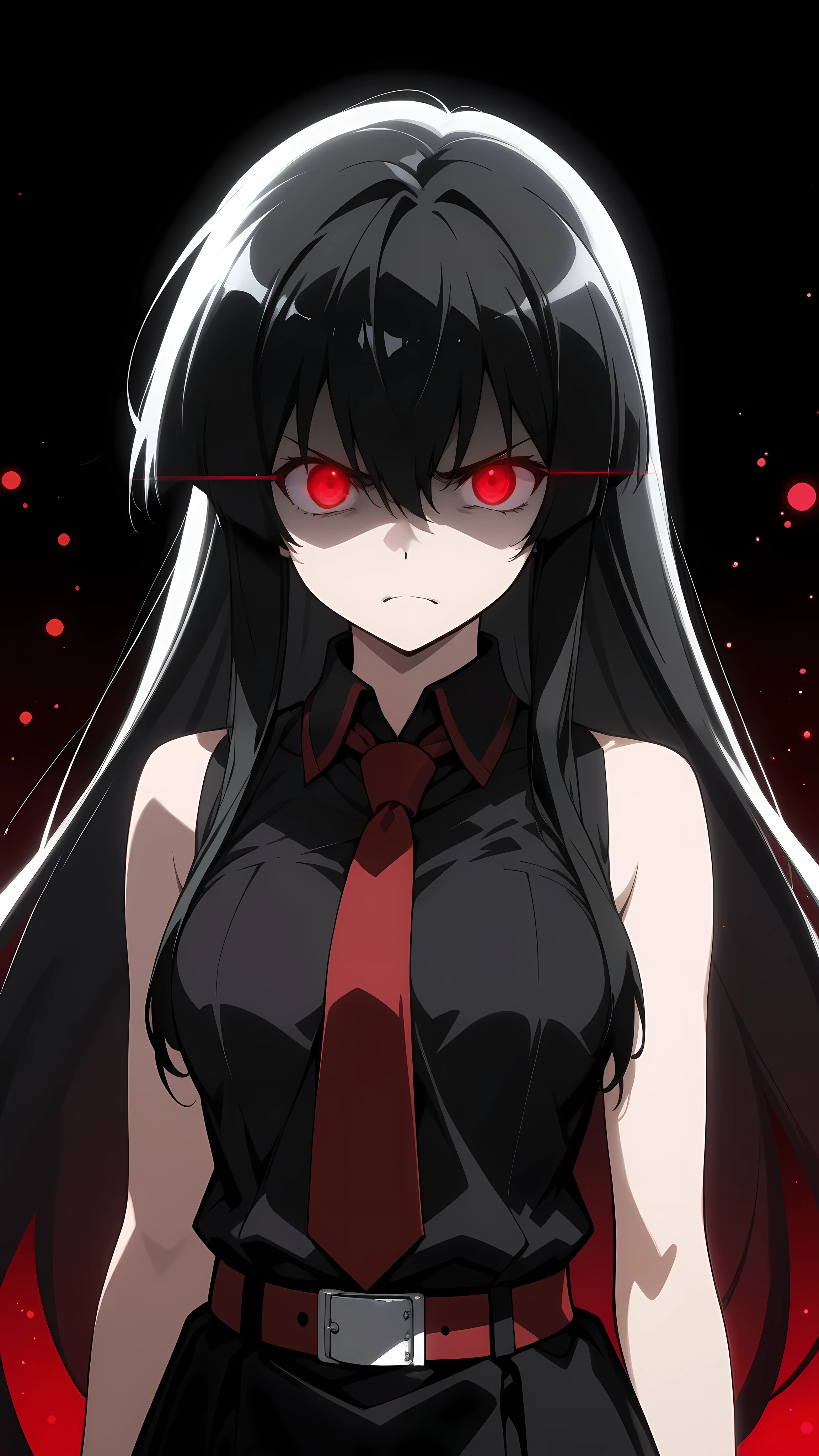 1girl ,akame, long hair, black hair, red eyes, hair between eyes, skirt, dress, necktie, sleeveless, belt, shirt, black shirt, collared shirt, red necktie, black skirt, standing, upper body, facing viewer, high quality, best quality, masterpiece, bloom,  black background, glowing eyes, angry, red particles 