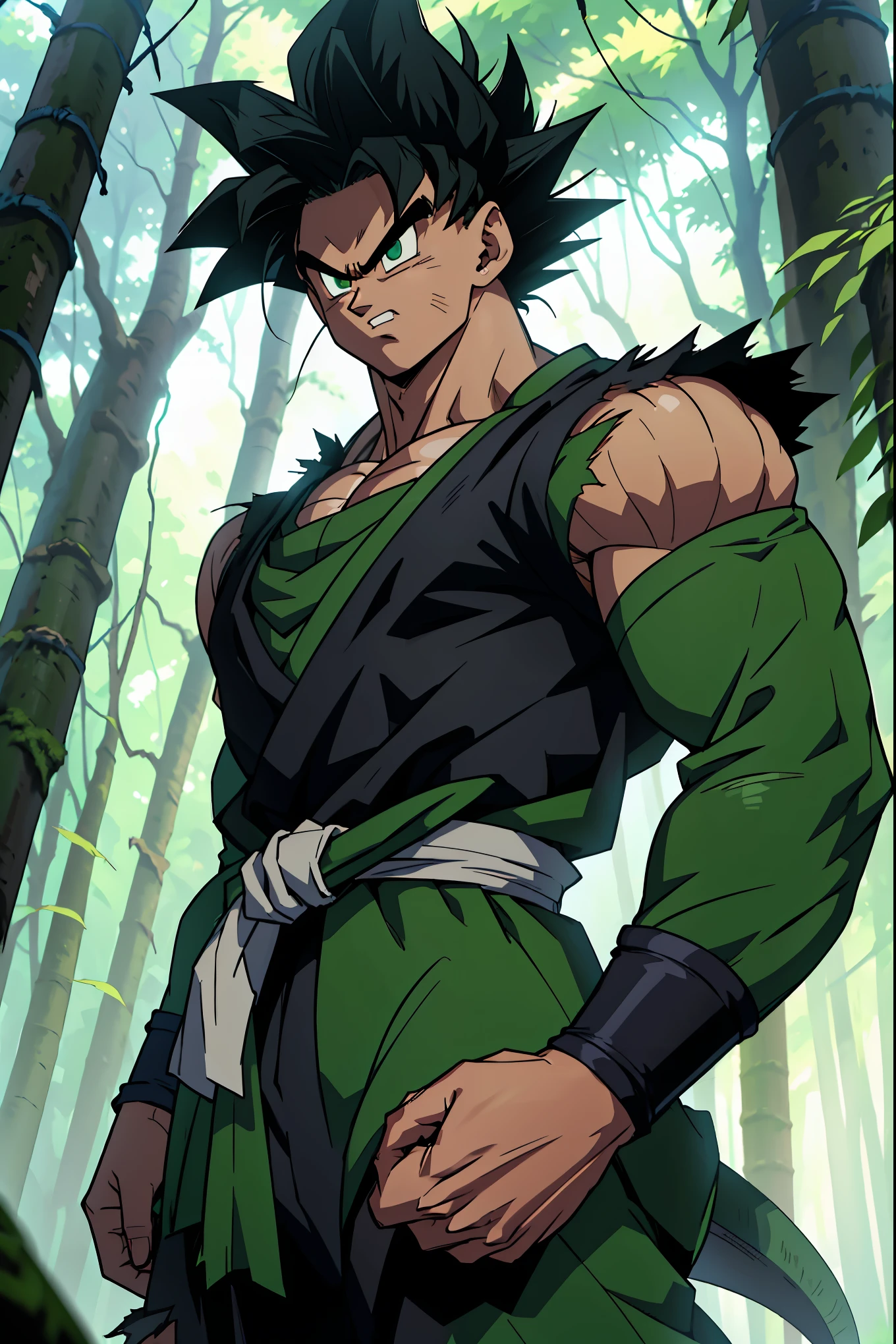 A muscular male anime warrior standing confidently in a lush forest, with spiked black hair styled in a unique, wild pattern, featuring green highlights under the sunlight. His piercing green eyes reflect determination and strength. He wears a battle-worn green gi with black accents, slightly torn at the edges, revealing his toned physique. The gi is tied with a detailed black sash at the waist, and his arms are wrapped with black armbands for a combat-ready appearance. Around him, faint blue-green ki energy radiates subtly, blending with the forest's natural lighting. The background features tall trees with sunlight filtering through, creating a dramatic and serene atmosphere. The art style is inspired by Dragon Ball anime, emphasizing dynamic shading, bold outlines, and vibrant colors. The character exudes power and resilience, perfectly integrating into the Dragon Ball universe