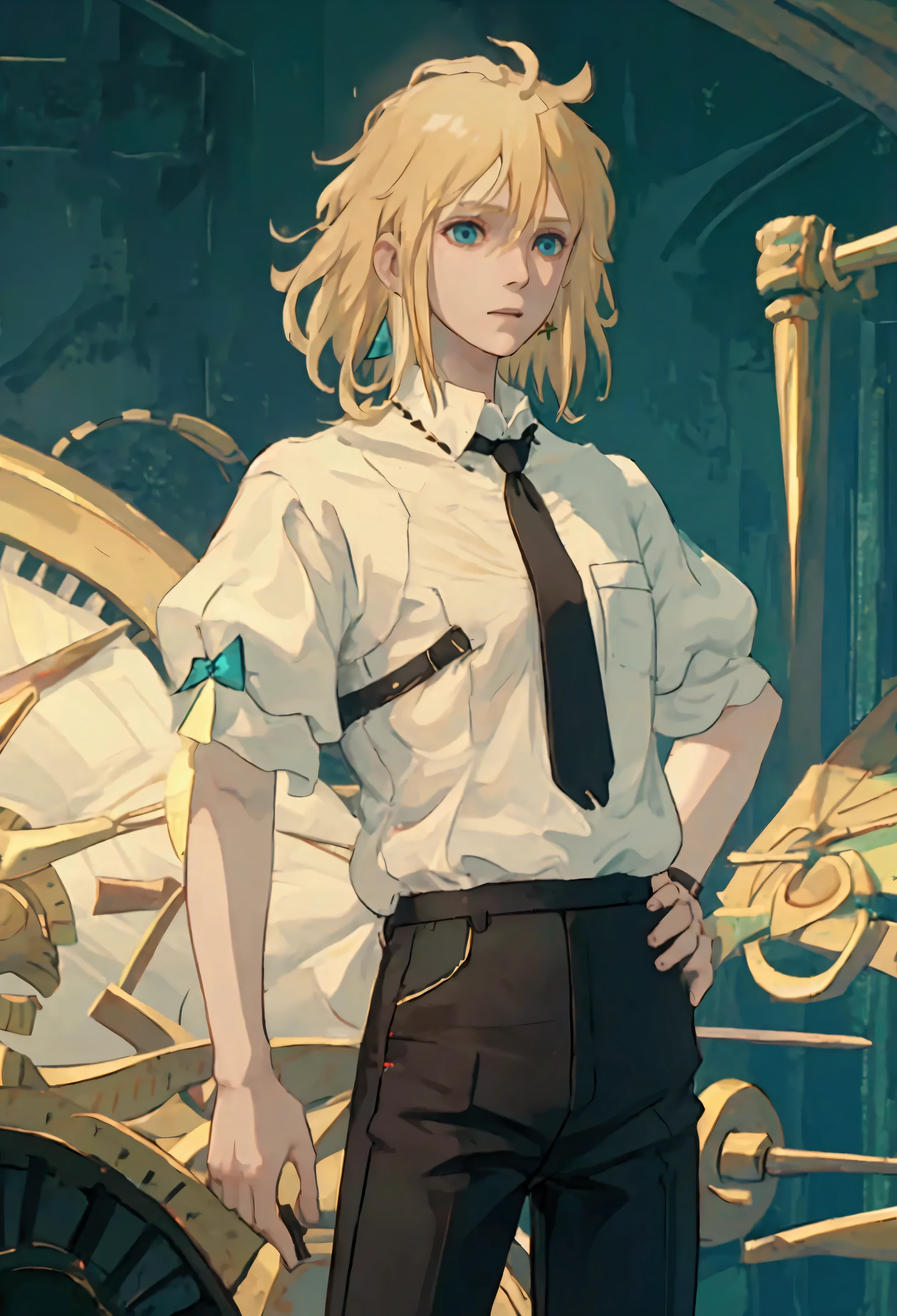 boy, blond, medium length hair, wearing a short-sleeved white shirt tucked into black pants, Without a tie, the collar is unfastened, turquoise eyes, small ring earrings, stands straight, UHD, retina, masterpiece, accurate, anatomically correct, high quality, best quality, highres