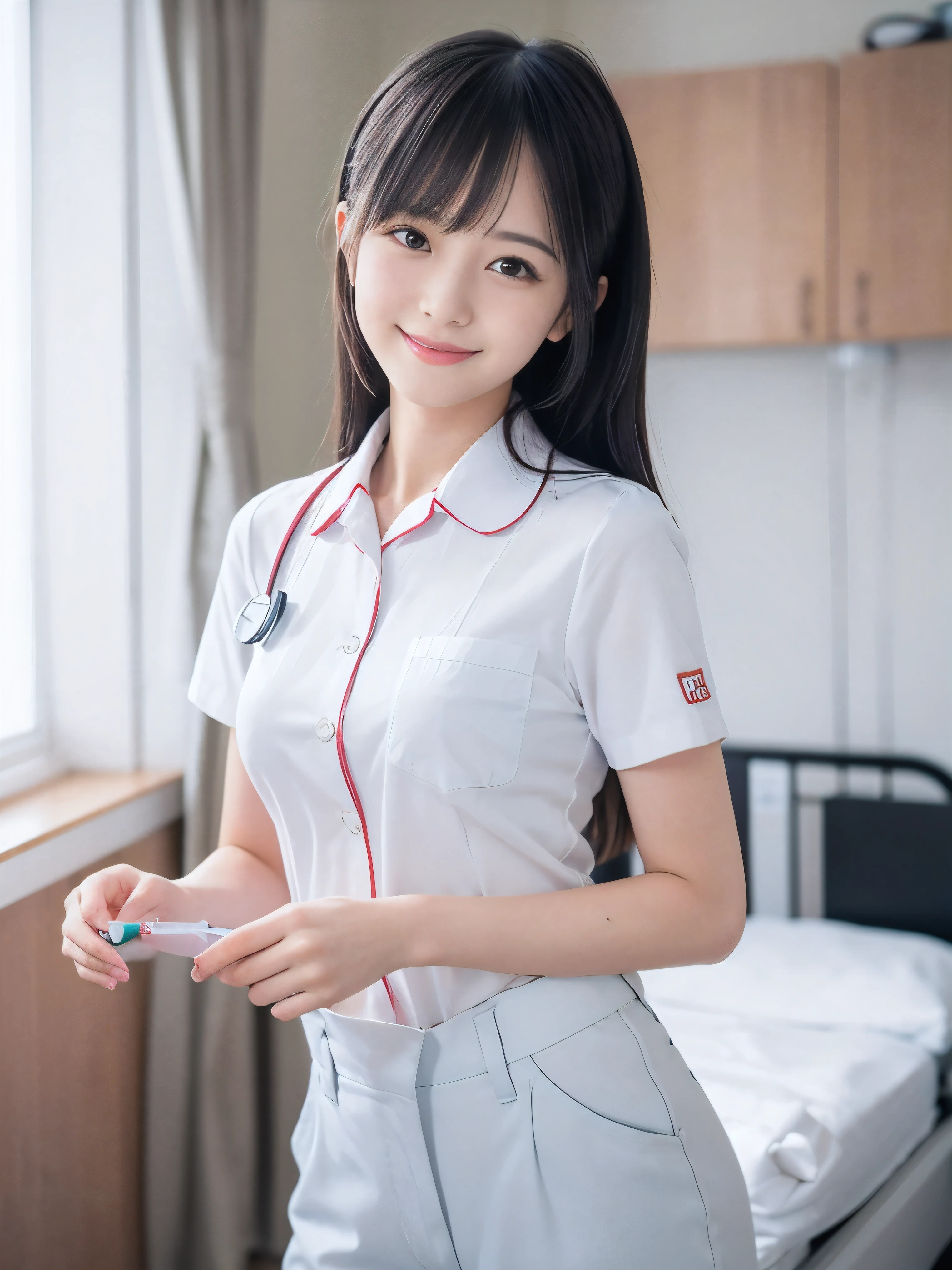 (Close-up face shot of one slender small breasts two side up black medium hair with bangs girl in a white nurse long pants uniform :1.5)、(One girl  is preparing the intravenous drip in the hospital room in Japan with happy smile:1.5)、(blurred background:1.5)、(Natural light:1.5)、(High-key photo:1.5)、(8k ultra detailed master piece:1.5)、(perfect anatomy:1.5)、(Photorealistic stick:1.5)、(Raw photo:1.3)、(highest quality:1.5)、(High resolution:1.3)、(Delicate and beautiful perfect face:1.3)、(Delicate and beautiful eye air skin:1.3)、(Real Human Skin:1.3)、((thin legs))
